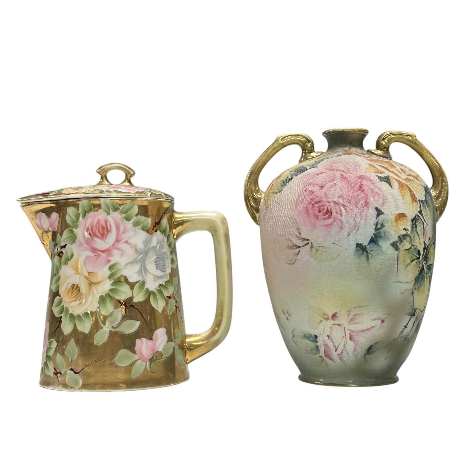 NIPPON Hand Painted Vase and Chocolate Pot (2): Floral rose pattern over gold backdrop Nippon chocolate pot and matte screen finish double handled bulbous vase. Measuring approx. 6.75" to 7.75" tall. In good age appropriate condition, see photos.
