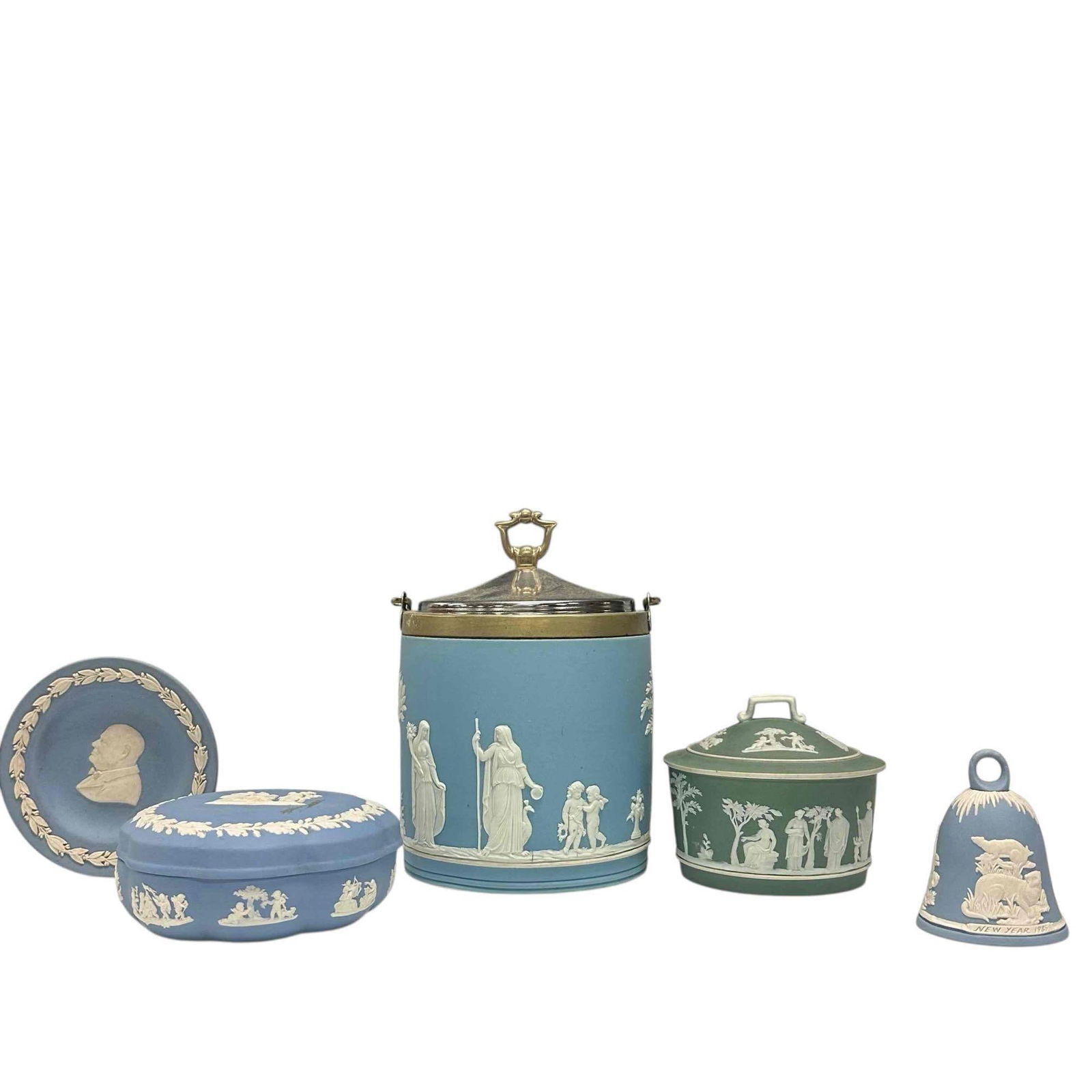 Wedgwood Blue and Green Jasperware Collection (5): Wedgwood blue jasperware biscuit barrel 7.5" tall, 1980's new years bell with ferrets 3" tall, blue Winston Churchill trinket dish 4.5" diameter, blue scalloped trinket box 5.25" diameter by 2" tall a