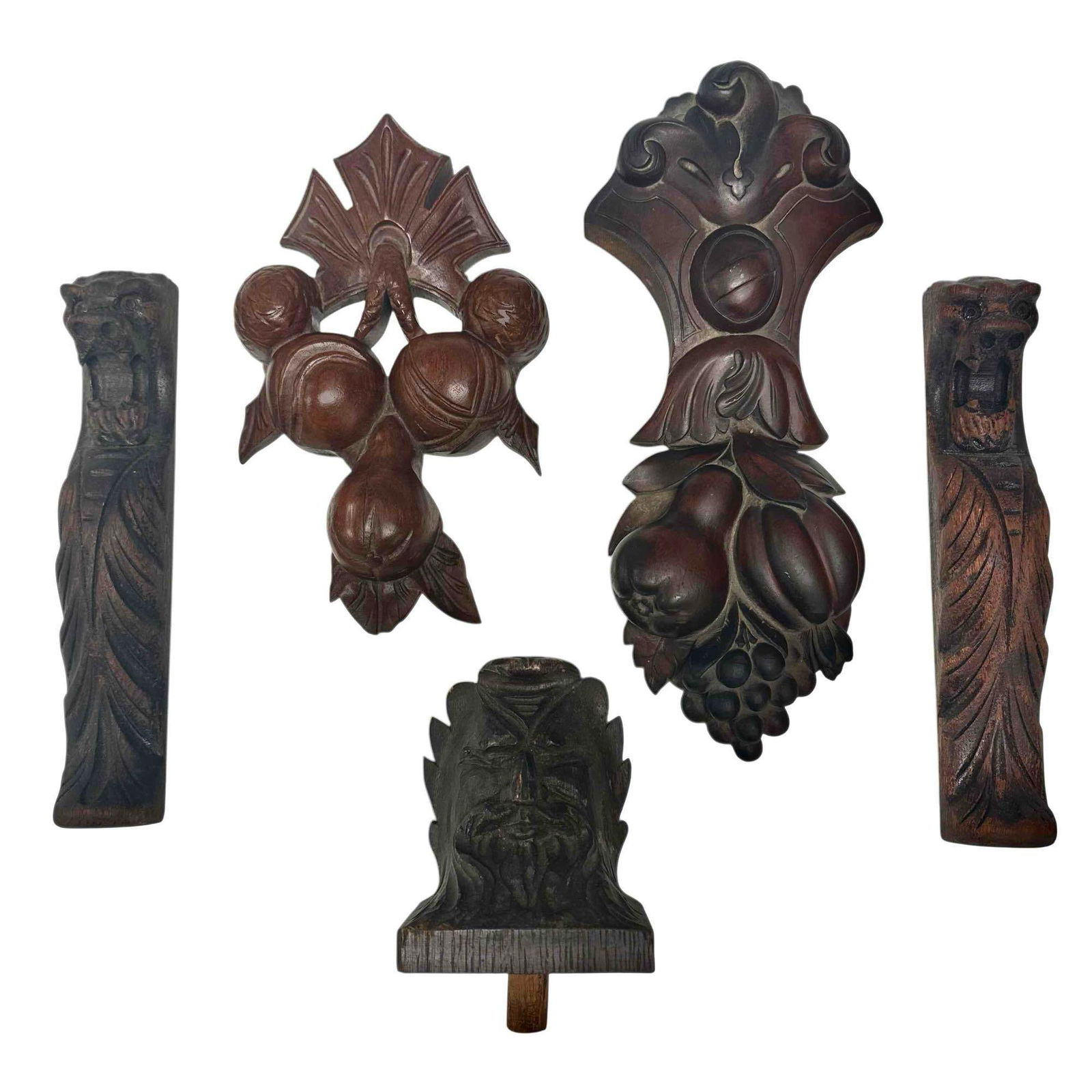 Architectural Salvage Carved Wood Georgian Era-Victorian Era (5): Nice grouping of architectural salvage carved wood pieces ranging from the early Georgian era to the Victorian era. Including; pair of fearsome lion/gargoyles likely off China cabinet 11" tall, folk a