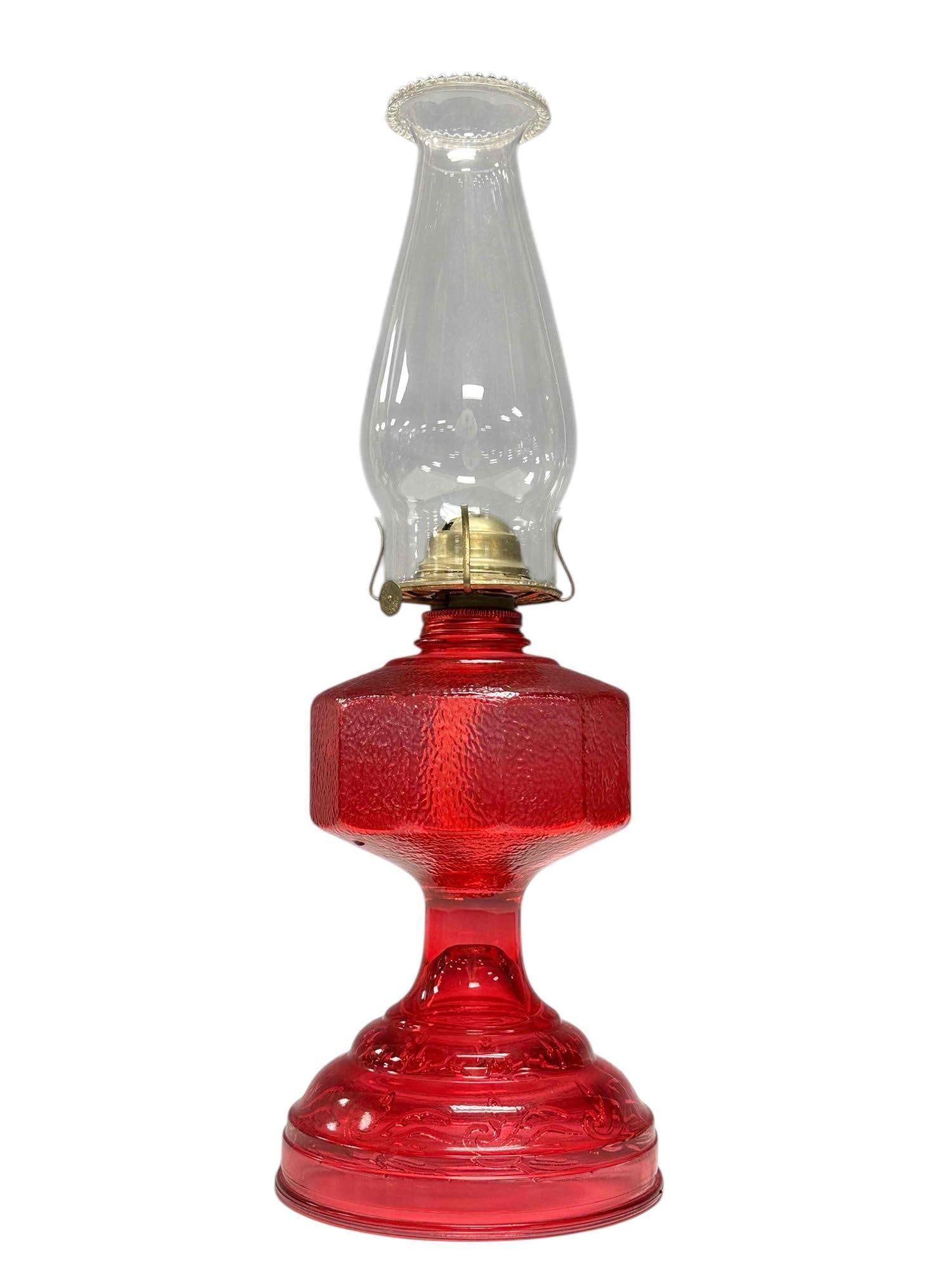 Cranberry Glass Oil Lamp with Clear Glass Chimney (1 of 15)
