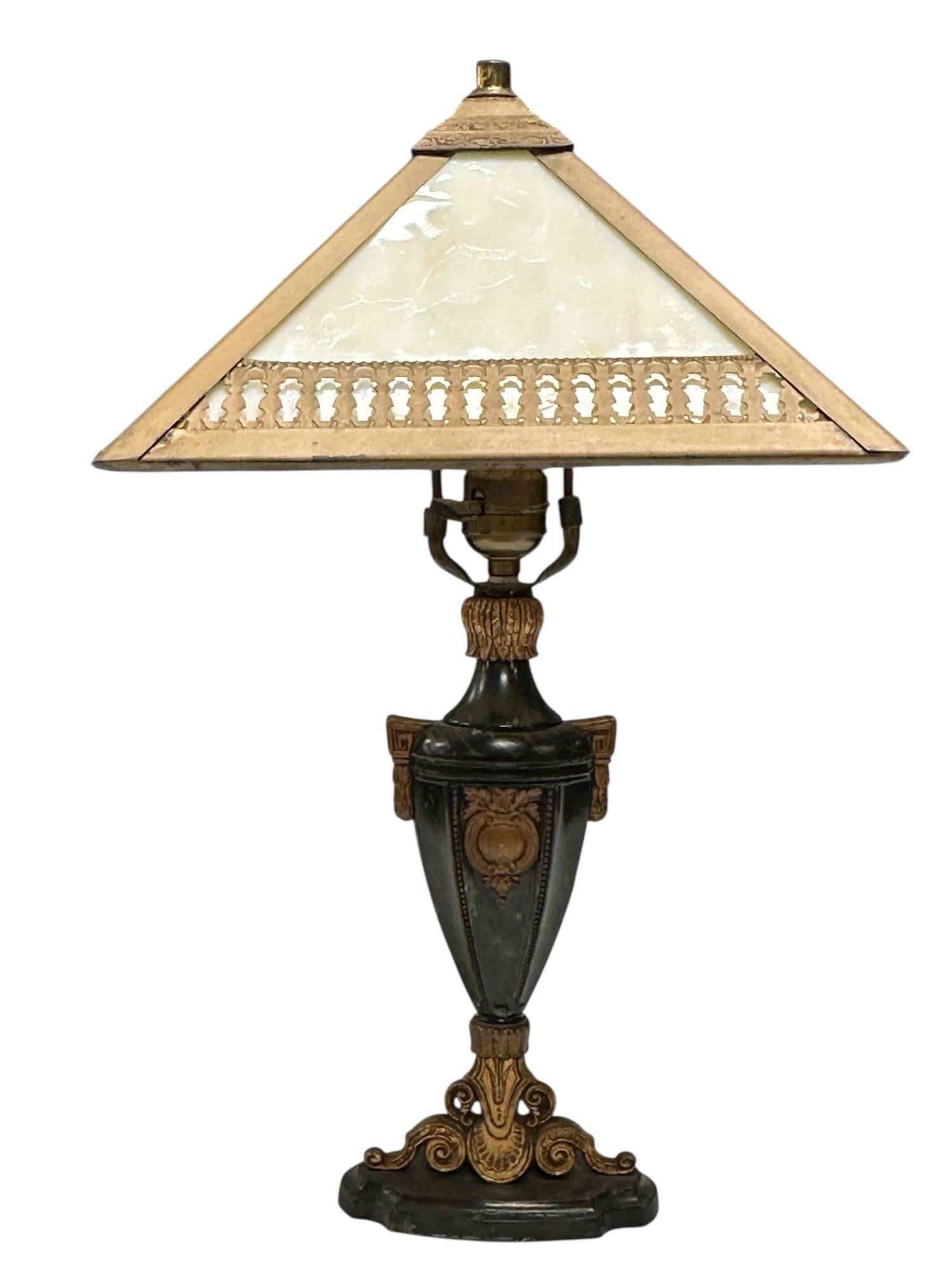Arts and Crafts Slag Glass Neoclassical Table Lamp: Arts and crafts style square caramel slag glass shade with filigree metal overlay on a neoclassical urn body base. Measuring approx. 20.5" tall by 11.75" squared shade. In good age appropriate conditi