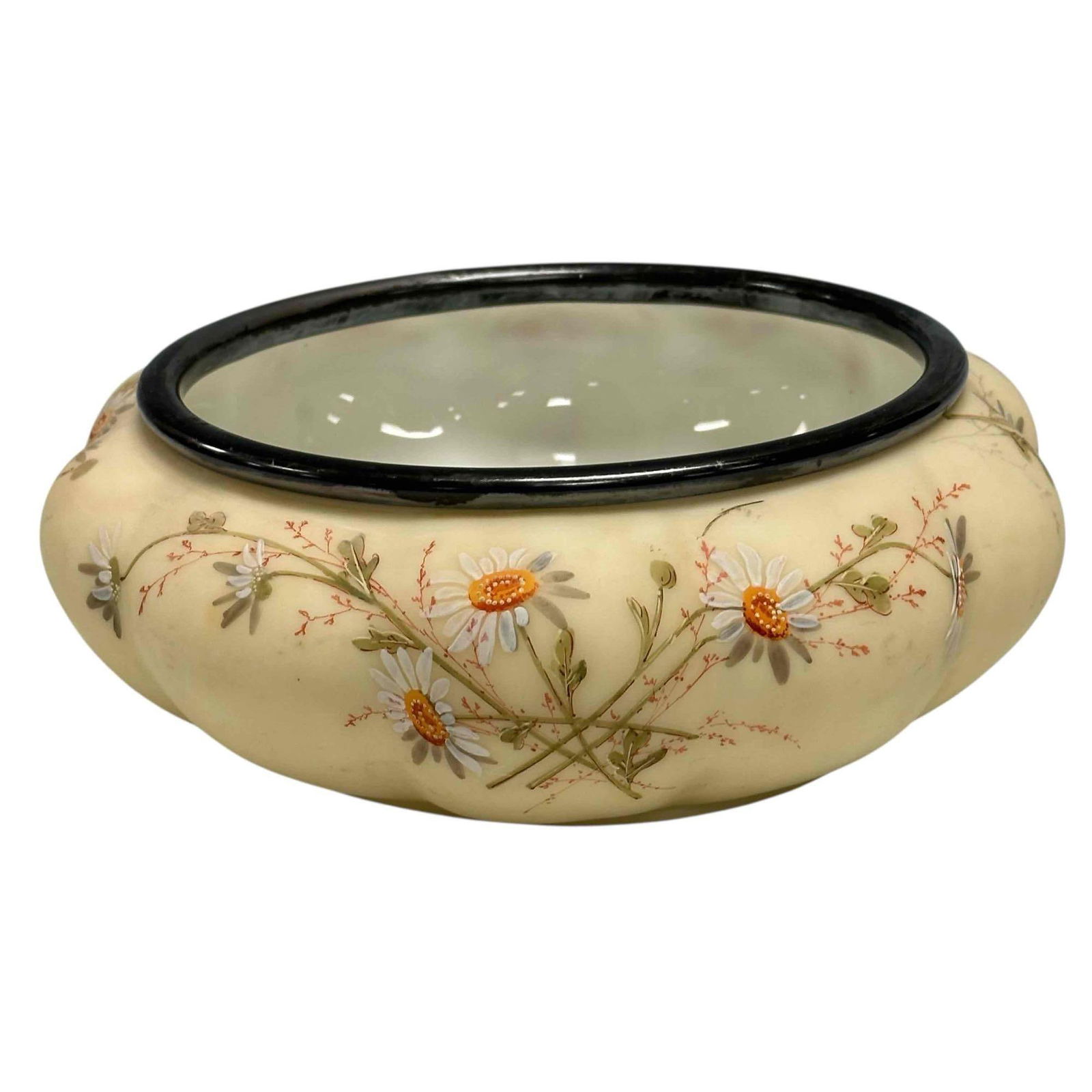 Victorian Enameled Art Glass Melon Ribbed Bowl: 19th century Victorian Smith Brothers cream colored melon form enameled floral decor bowl with silver rim. Measuring approx. 3.5" tall by 10.5" diameter. In good age appropriate condition, see photos.
