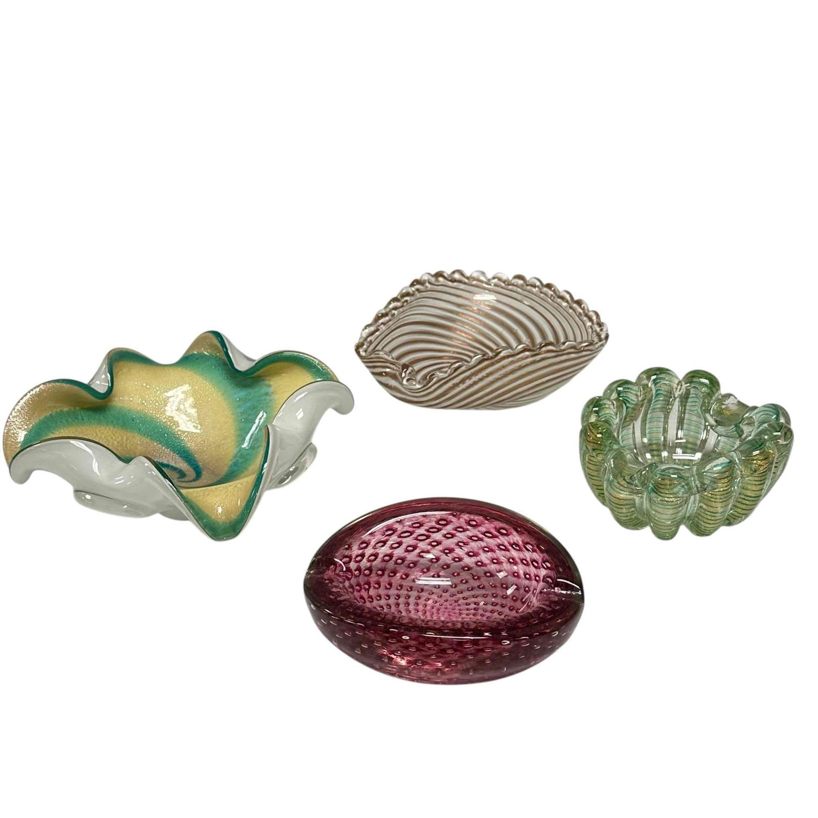 MCM Marano Italian Art Glass Ashtrays and Bowls (4): Including; MCM Alfredo Boggini gold speckled green and yellow swirled bowl with white under belly 9" diameter by 3.25" tall, Barovier "Cordonato d'Oro" (rope of gold) gold leaf twist and green rope as