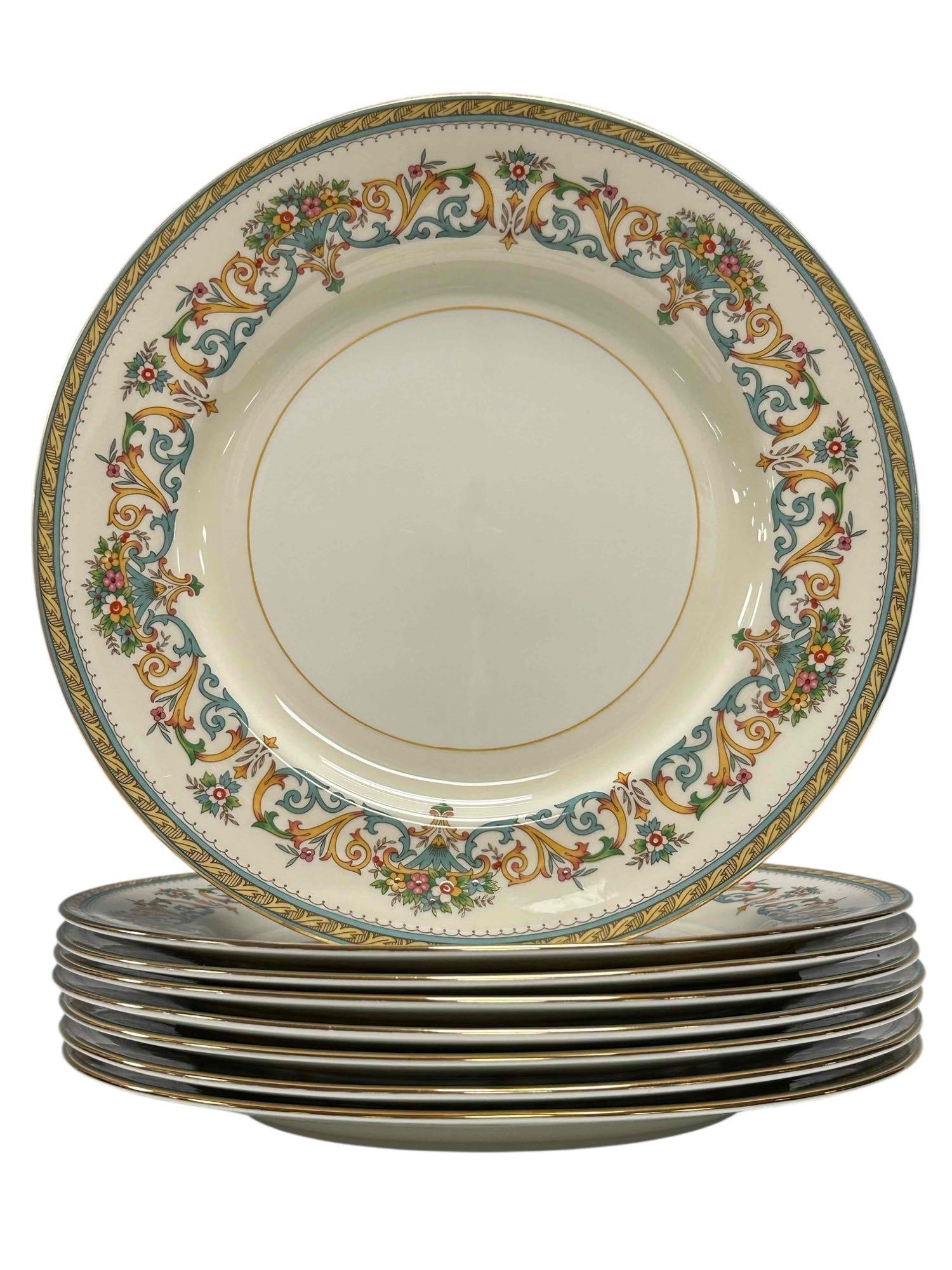 Aynsley "Henley" Pattern Dinner Plates (8): Set of eight Aynsley "Henley" pattern dinner plates. Having art deco floral flare in teals, yellow, blues and reds. Measuring approx. 10.25" in diameter. In good condition with no chips or breaks note