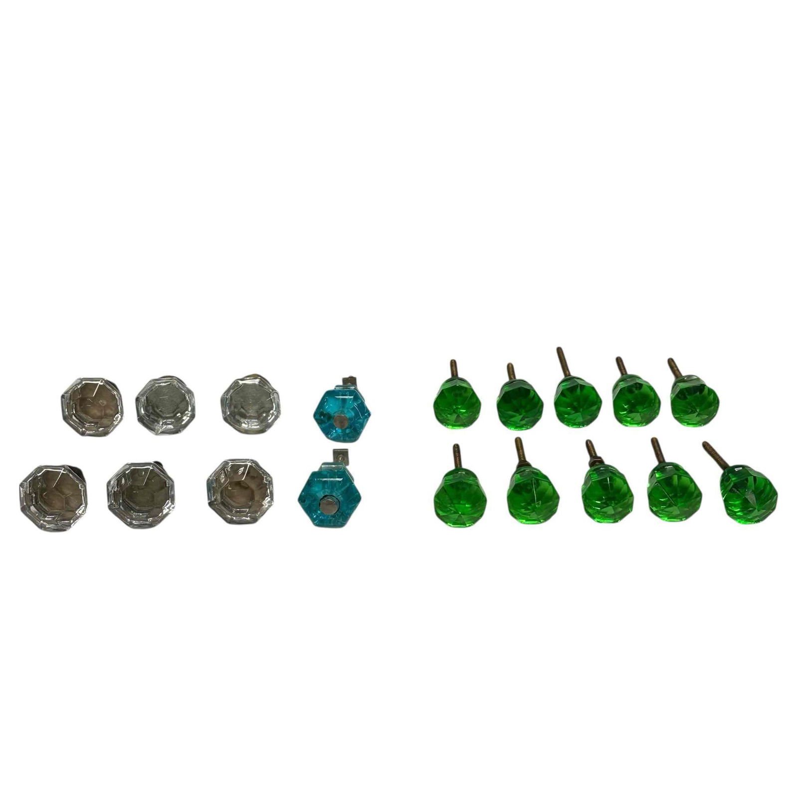 Pressed Glass Drawer Knobs Hardware Cabinet Door Pulls: Includes; 10 emerald green1.75" thread length by 1" wide knobs, 2 turquoise/aqua blue 1.25" thread length by 1.25" wide knob, 6 clear 1" thread length 1.25" wide knob. In good age appropriate conditio