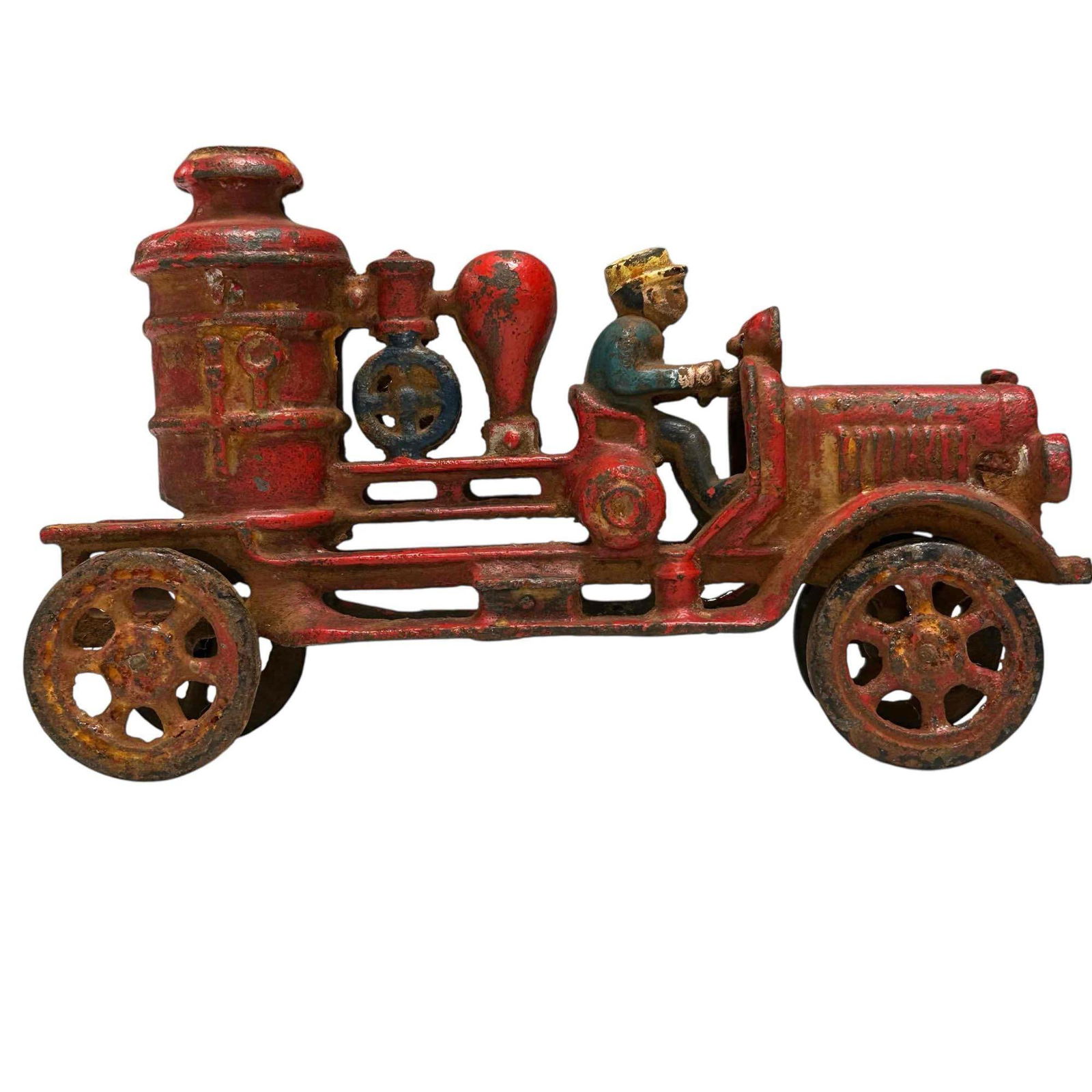 1920's Hubley Cast Iron Fire Pumper Truck: Hubley 1920's cast iron cold painted Fire Pumper Truck. measuring approx. 8.25" long by 5" tall. Having original paint with areas of paint losses and fading expected with age and wear, see photos.