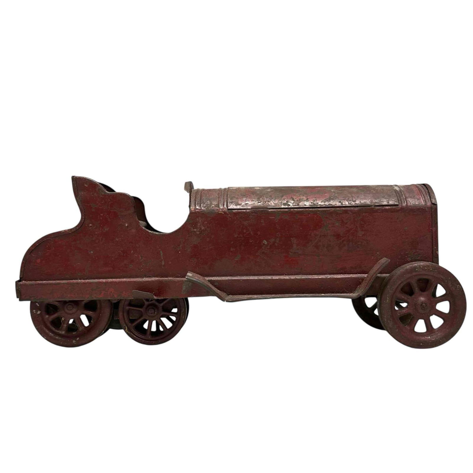 1910's Dayton "Hill Climber" Friction Pressed Steel Toy Train Car: Great early 20th century Dayton "Hill Climber" friction toy train. Made of pressed steel and tin components with original paint. Measuring approx. 13" long by 5.25" tall. In good age appropriate condi