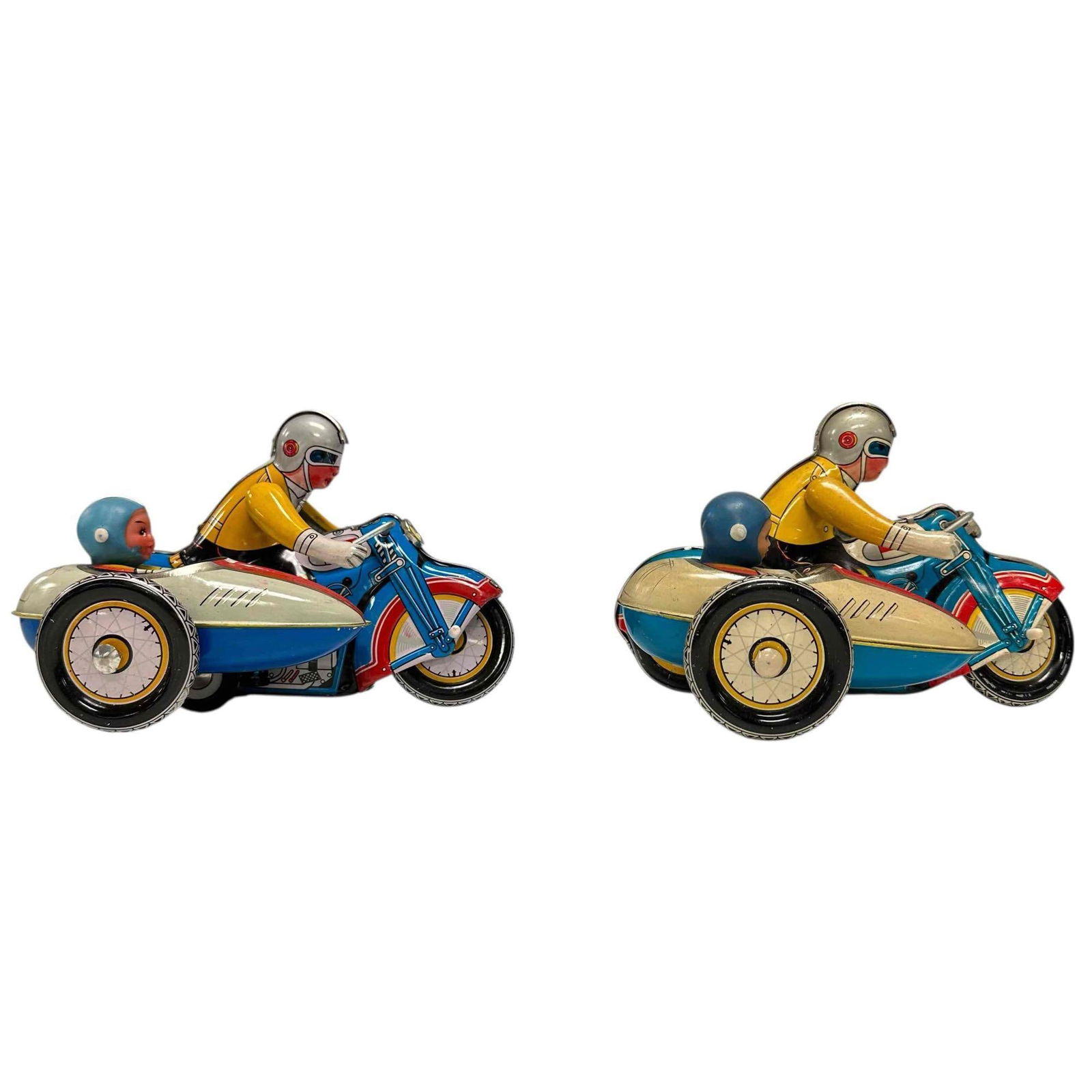 Tin Litho Wind-up Motorcycles with Sidecars Mechanical Toys (2): Nice pair of mechanical vintage tin litho wind-up motorcycles with sidecars. Measuring approx. 7.5" long by 5" tall. In good age appropriate condition with one being a bit nicer and bolder colors, see