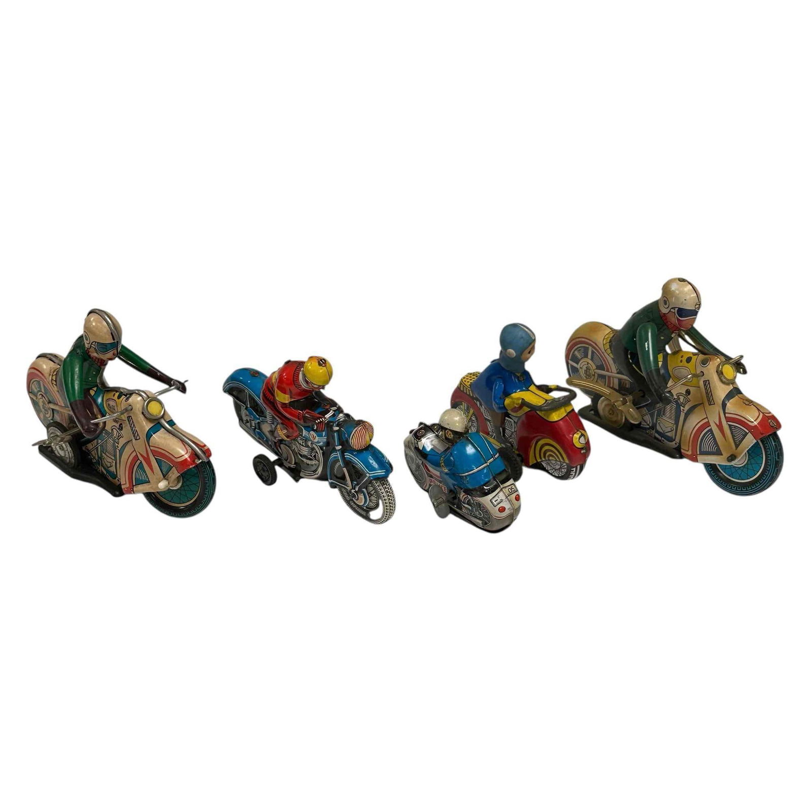Mechanical Tin Litho Wind-up and Friction Motorcycle Toys (5): Includes; West Germany Josef Wagner Friction tin litho 6.25" long MF115 friction 4.25" tall, wind-up police tin 3" tall, two Chinese 702 tin friction 7.25" long. In good age appropriate condition, see