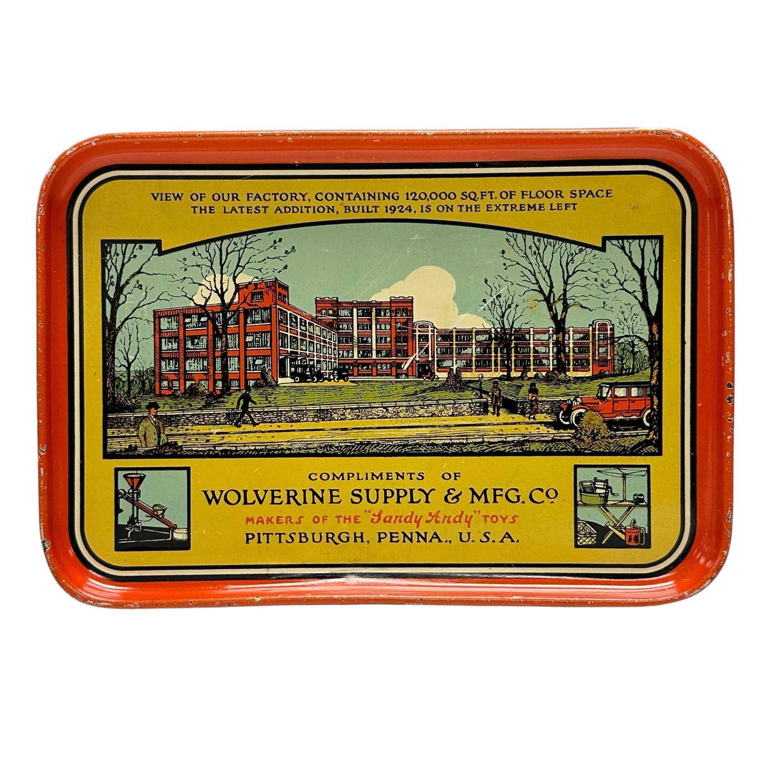 Wolverine Supply Mfg. Co Advertising Tin Litho Tray: Nice advertising tip tray. Makers of Handy Andy Toys, Wolverine Supply and Mfg. Co Pittsburgh Penn. Measuring approx 6 1/2" x 4 3/4". Good, light wear as shown