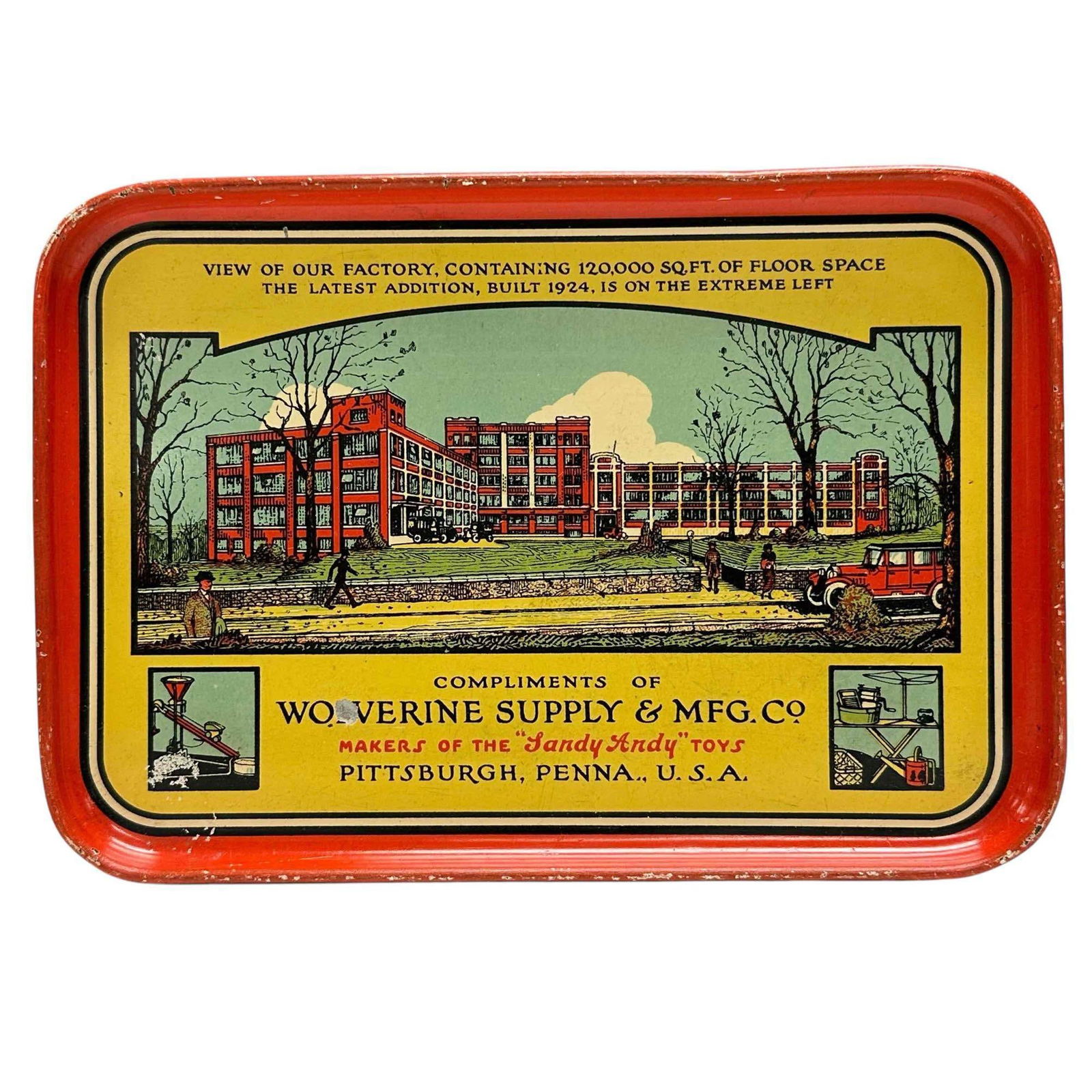 Wolverine Supply and Mfg. Co Advertising Tin Litho Tray: Nice advertising tip tray. Makers of Handy Andy Toys, Wolverine Supply and Mfg. Co Pittsburgh Penn. Measuring approx 6 1/2" x 4 3/4". Good, light wear as shown