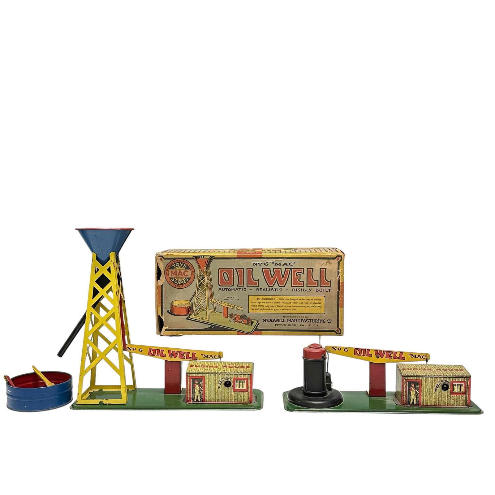 MAC McDOWELL Tin Litho Oil Well Windup Toys: Two tin litho windup toy OIL WELL no 6. One complete with box as shown in very good working condition and other has different, likely replaced tower as shown.