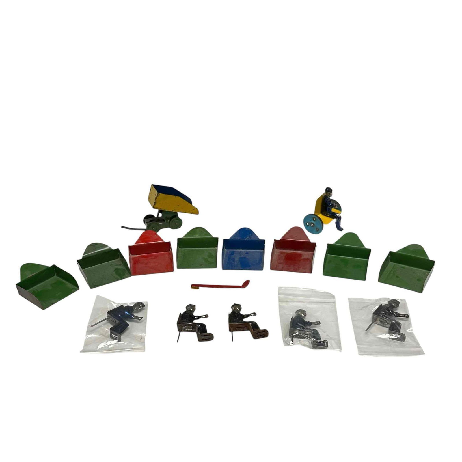 WOLVERINE SANDY ANDY Tin Litho and Pressed Steel Parts: Including loader and crane drivers (5), eight (8) various color scoops and others as shown. Great offering for thos collectors and restorers, as shown, see photos