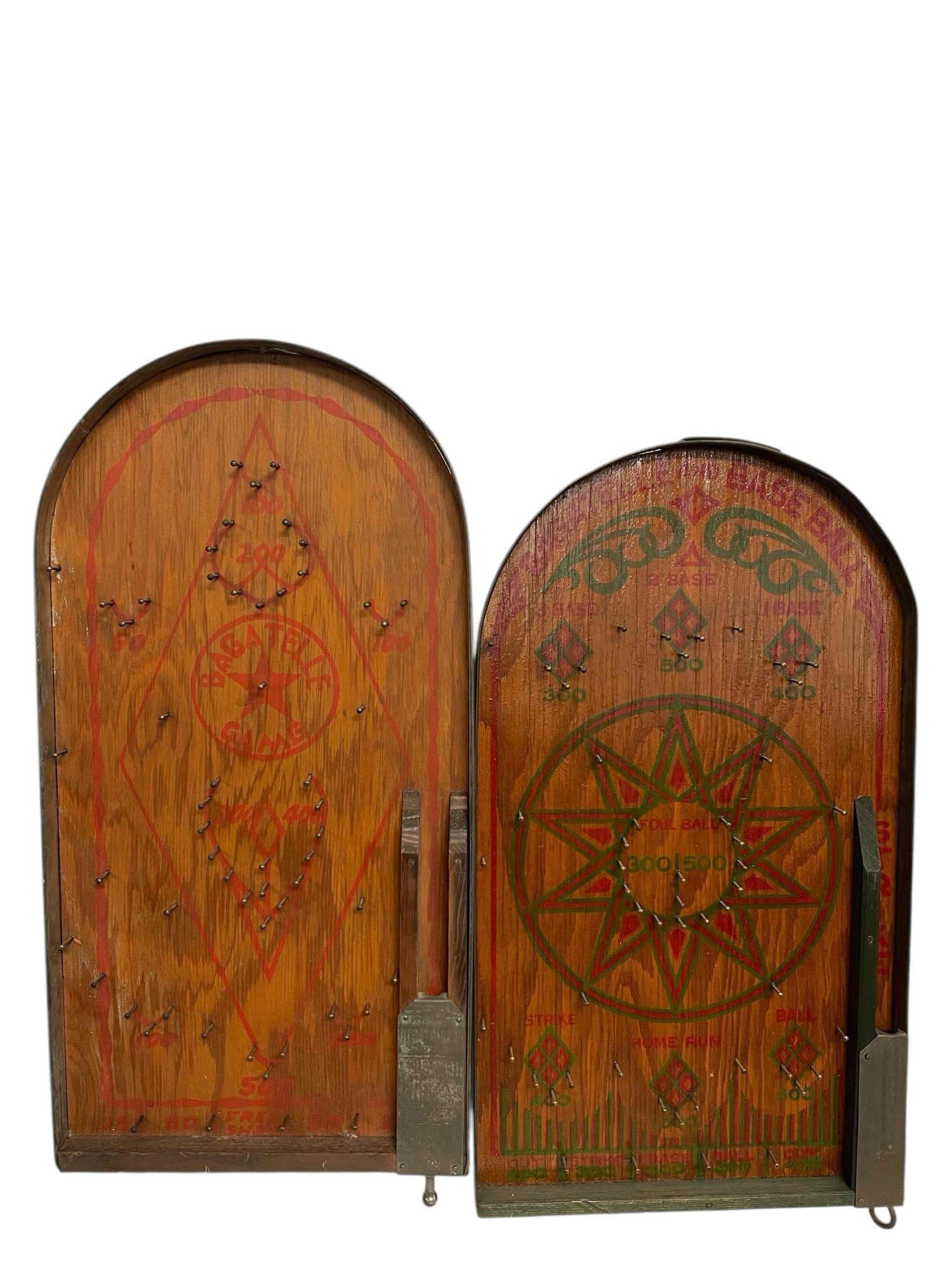 Two (2) Small Bagatelle Boards: Includes one bagatelle game by Mortimer Glass Co. and a Baseball/Bagatelle game with no manufacturer's marks. Both boards appear to be in good condition with no missing pegs or significant damage. Bot