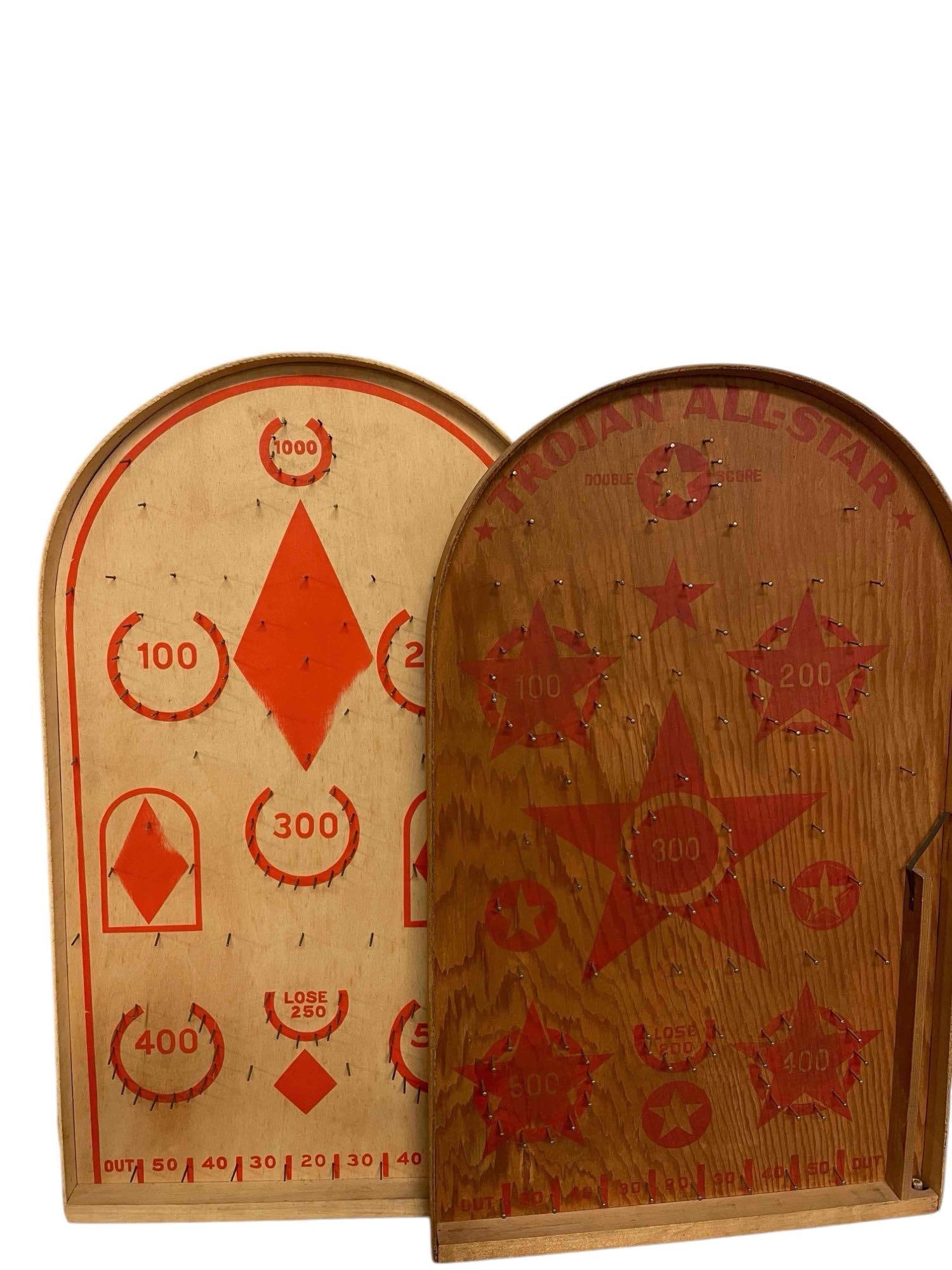 Trojan All Star & Trojan Diamonds w/Box - Bagatelle Games: Trojan All Star is in good condition and appears to have all its pins and minimal wear or fading to the graphics. Frame feels solid and well attached and a functional plunger. Trojan Diamonds comes wi