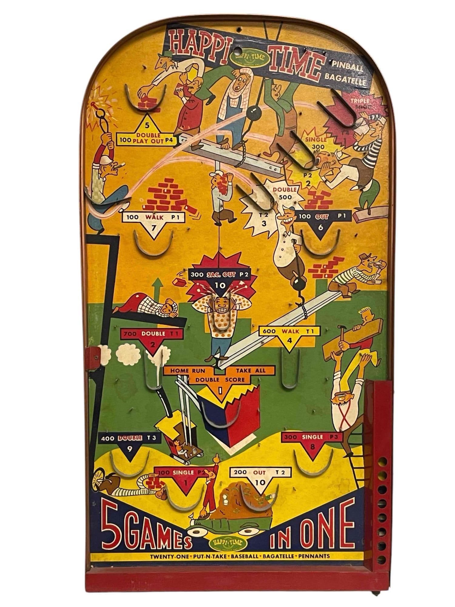 Happi Time Bagatelle - 5 Games In One: A Happi Time bagatelle board that can be used for multiple different games. This piece is in overall fair condition. The frame is solid and clean and the board is study. The art has some staining and