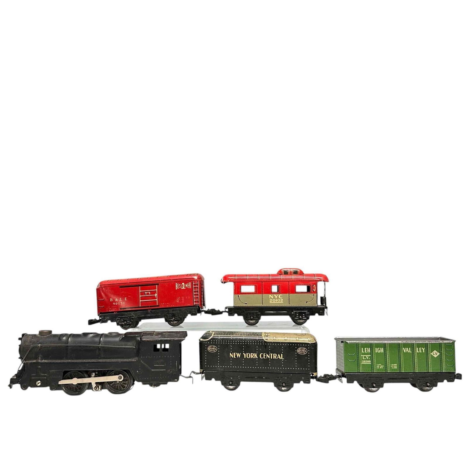 Marx O-Gauge Tin Litho New York Electric Train Set with Original Box: Vintage Marx O-gauge "Happitime" tin litho train set with half of original box. Includes; black locomotive 9" long, black and gold New York Central car 6" long, red Bessiemer 6" long, NYC 20102 passen