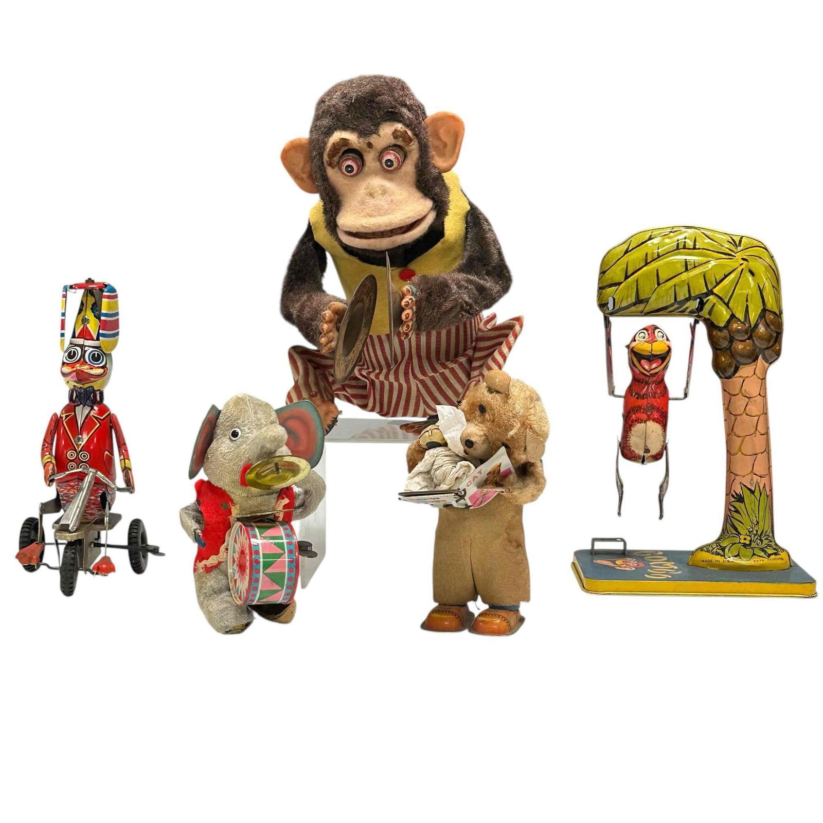 Vintage Mechanical Wind-up Tin Lithograph Animal Toys (5): Includes; Schylling "Duck on Bike" wind-up toy 11" tall, "Bombo the Monkey" swinging tin litho 9.75" tall, "Cubby the Reading Bear" 7" tall with loose head, "The Jolly Drumming Elephant Mambo: 5.25" t