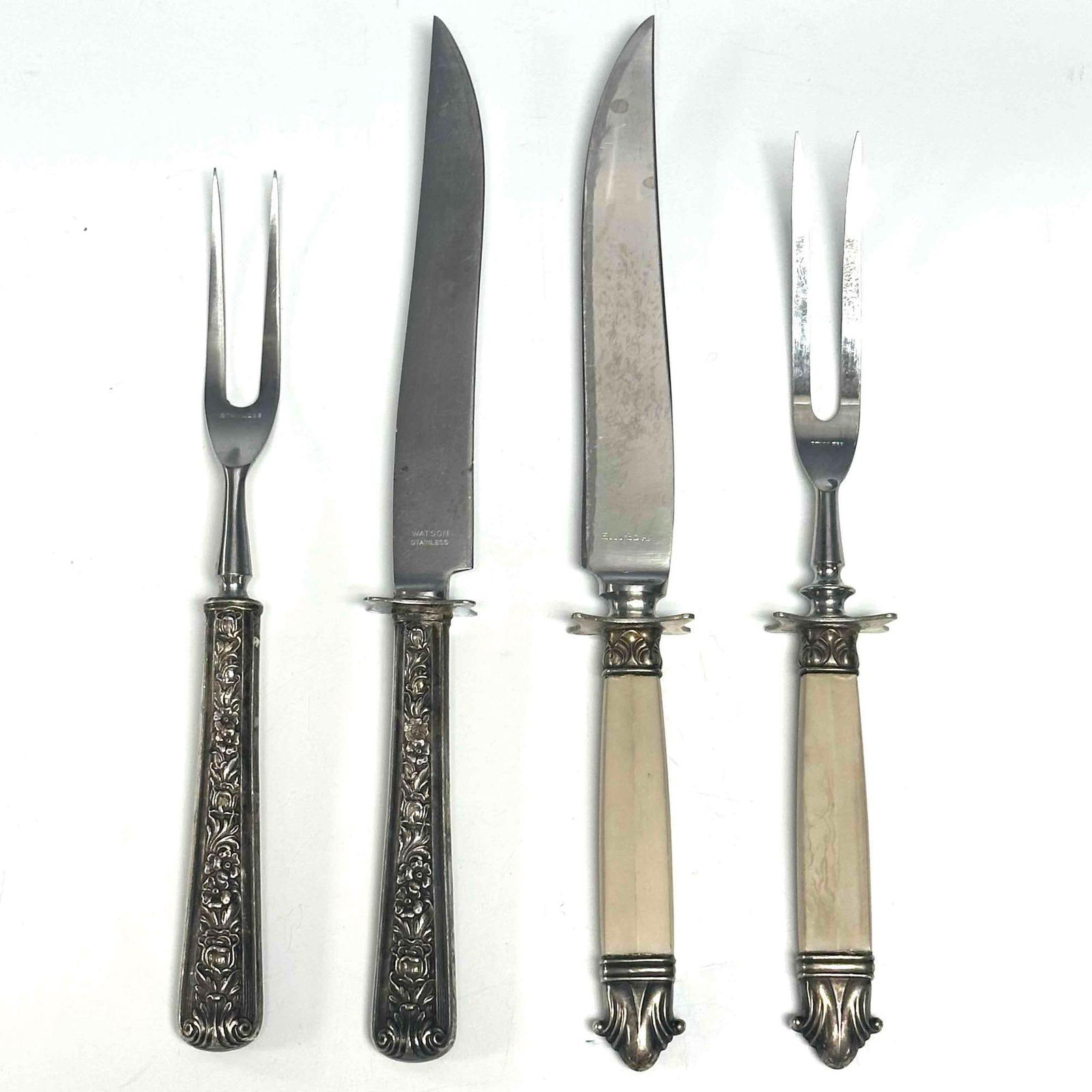 Cutlery Carving Sets Repousse Sterling Silver Handles (4pc): Including; sterling silver repousse handled knife and fork 8.75" to 10.5" long and two piece cream Bakelite fork and knife set 9.25" to 10.5" long. In good age appropriate condition, see photos.