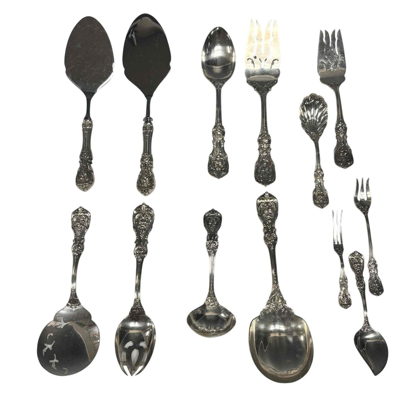 Reed & Barton "Francis I" Sterling Silver Flatware Serving Pieces 834 Grams: Thirteen piece Reed and Barton "Francis I" pattern sterling silver flatware. Including; large serving spoon 9.5" long by 3" wide, large serving fork 9" long, two pie servers 10" long (sterling handles