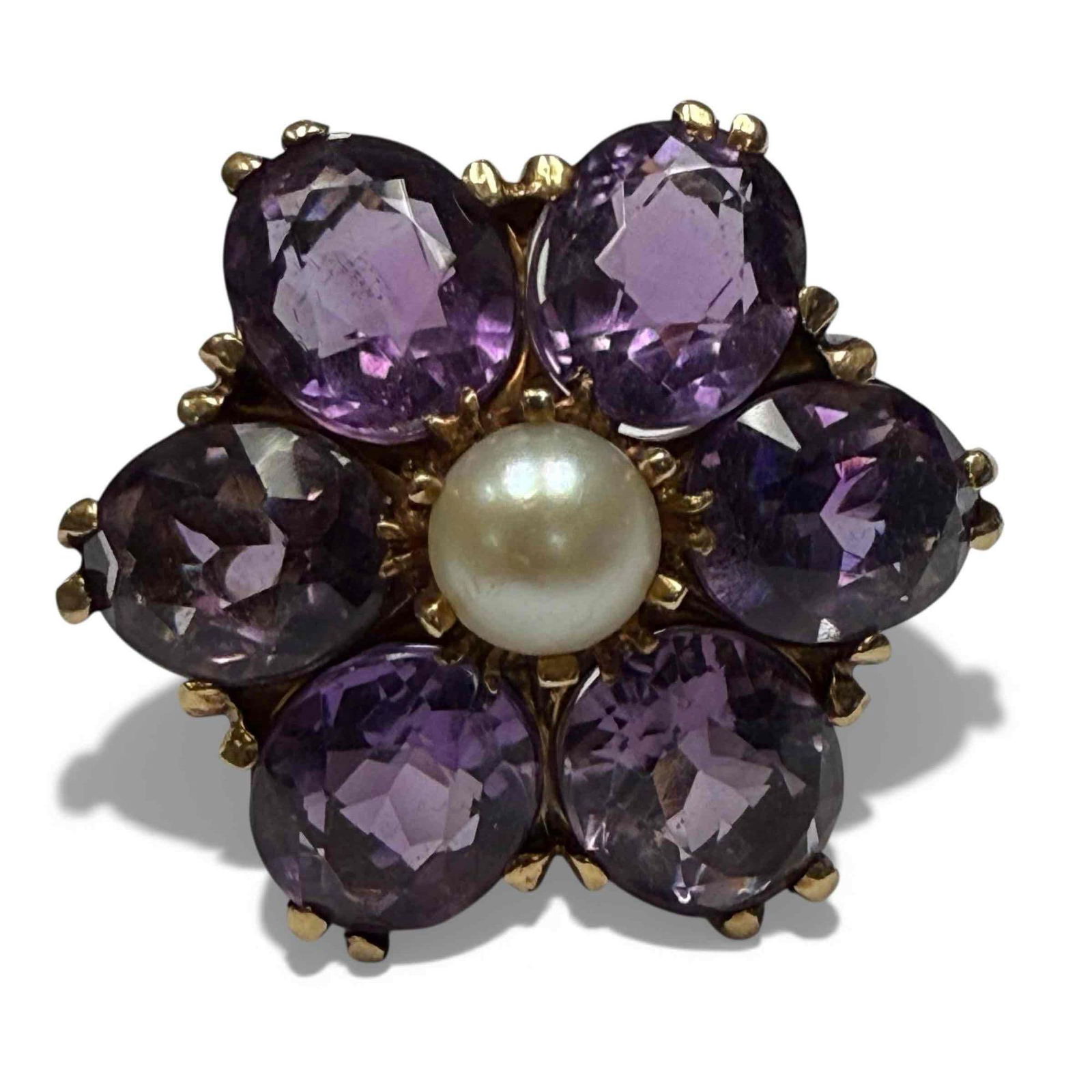 Amethysts & Pearl 14K Yellow Gold Flower Ring (1 of 13)