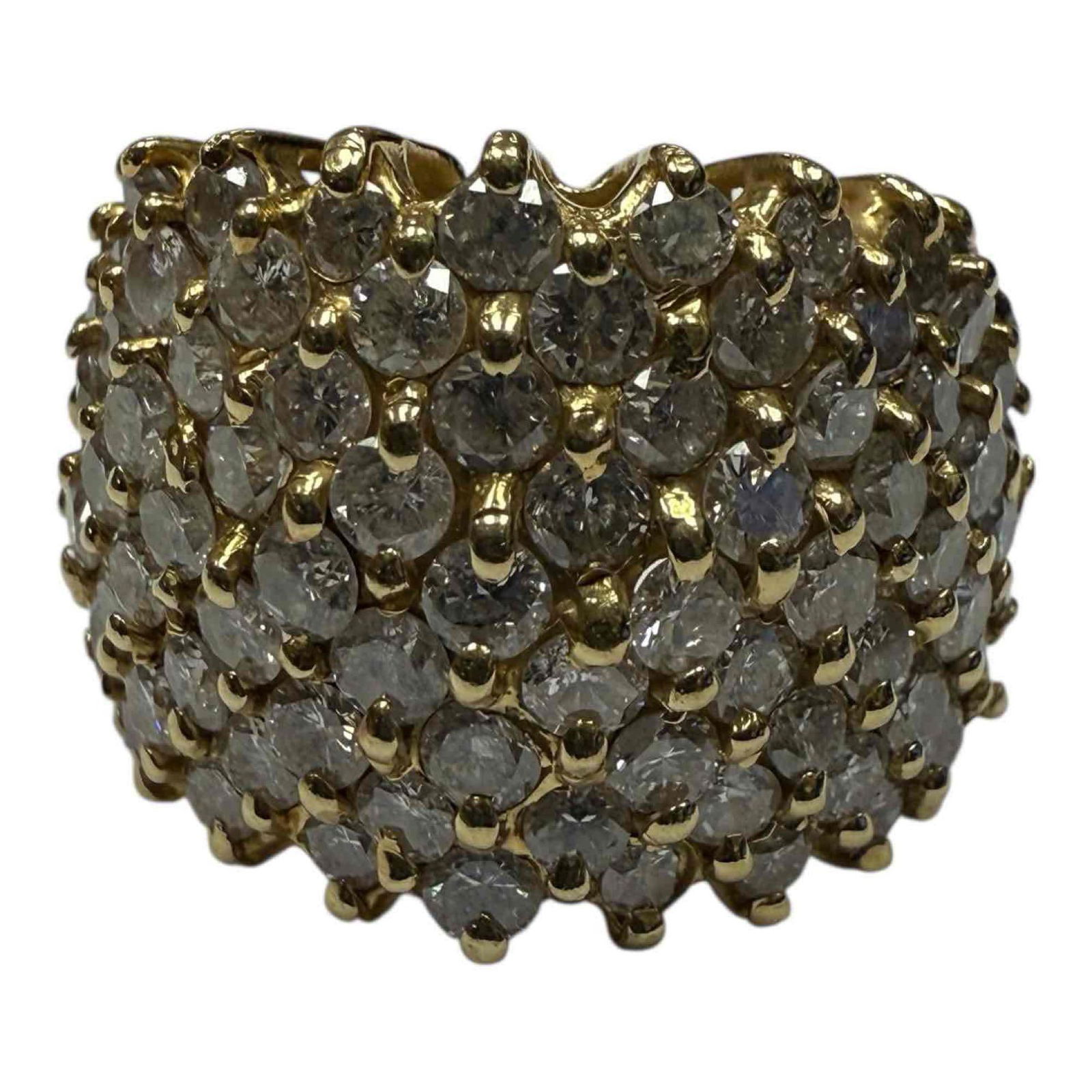 Yellow Gold 14k Diamond Cluster Cocktail Ring: Unisex 14k yellow gold diamond cluster cocktail ring size 6.75, weight 9.2 grams. In good condition, see photos.