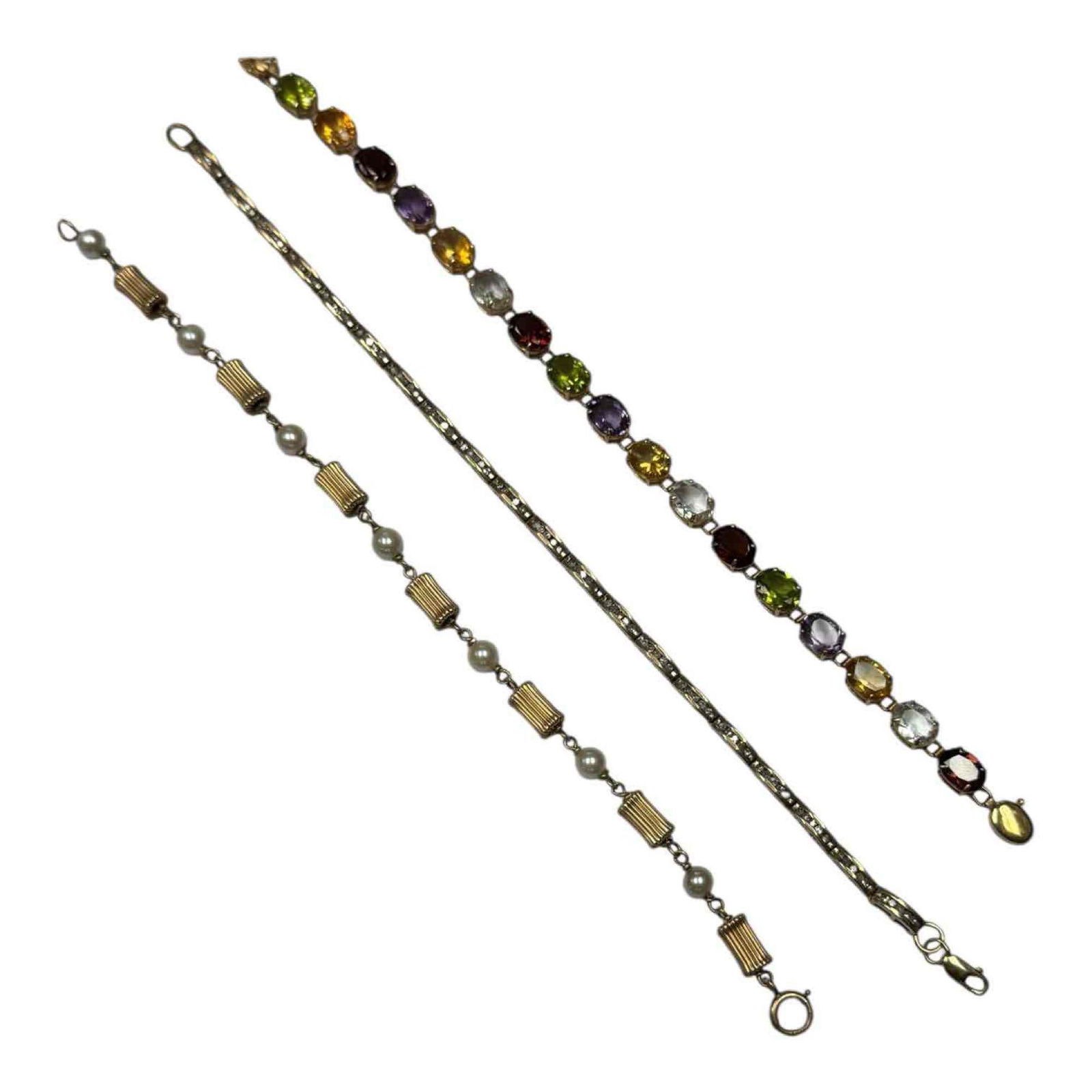 Multi Gemstone & Pearls 14K Yellow Gold Bracelets (3): Beads and pearls 14k yellow gold bracelet 7" long 5.6 grams, 14k yellow gold multi-color multi-gemstone tennis bracelet 7" long 7.2 grams and channel set diamonds curved link 14k yellow gold bracelet