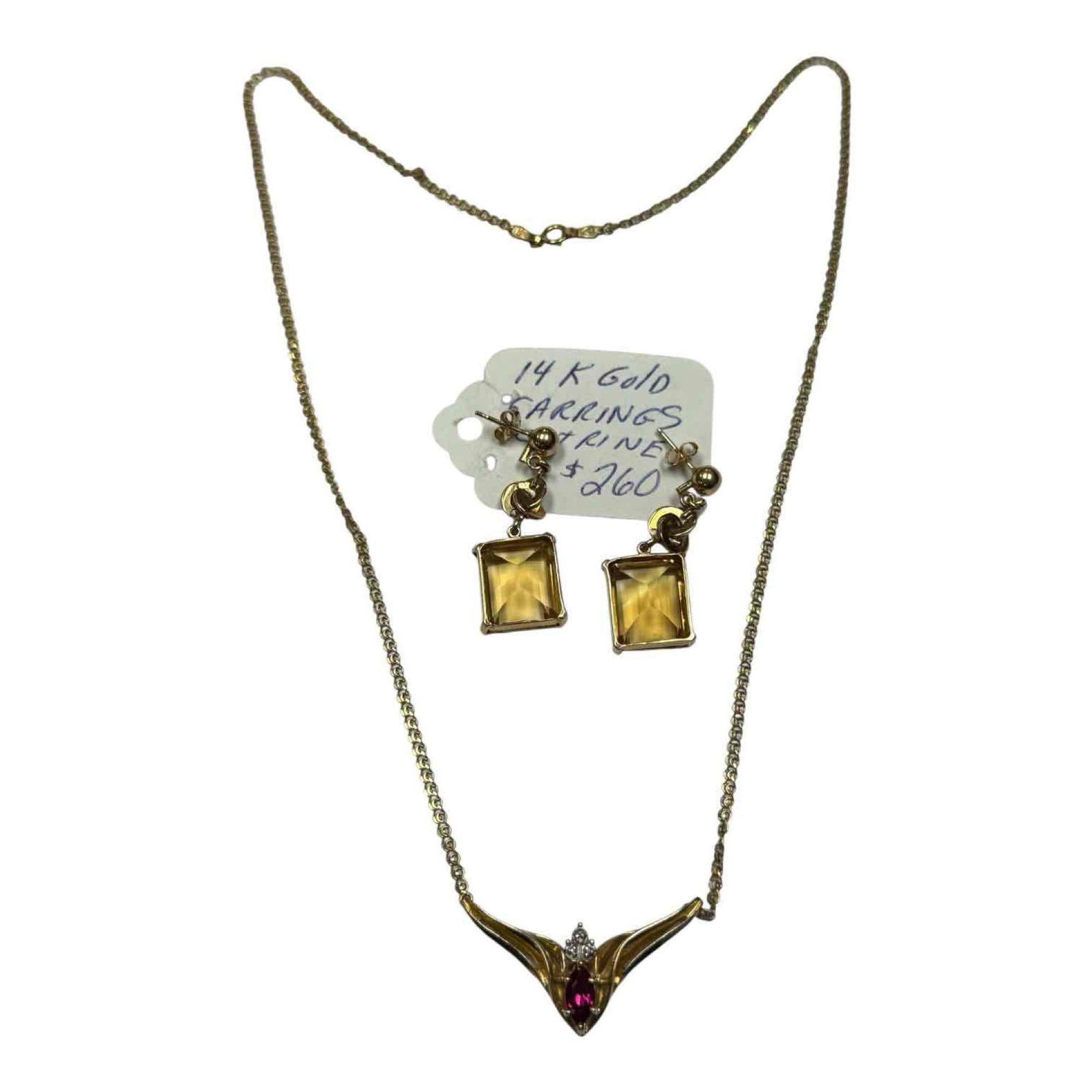 14K Yellow Gold Ruby Necklace w 14K Yellow Gold Citrine Drop Earrings: Pair of 14k yellow gold citrine drop earrings .5" long stones 7.3 grams and 10k yellow gold ruby and diamonds one piece necklace 18" long 4.8 grams. In good condition, see photos.