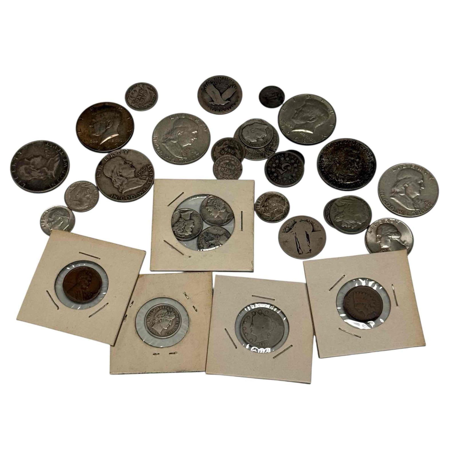 Silver U.S. Currency/Coins Dating 1838 to 1964: Collection of U.S. currency including; 1838 half dime, 1852 & 1853 3 cent, 1867 nickel, 1875 seated liberty dime, barber and mercury dimes, standing liberty quarters, Franklin half dollars, barber