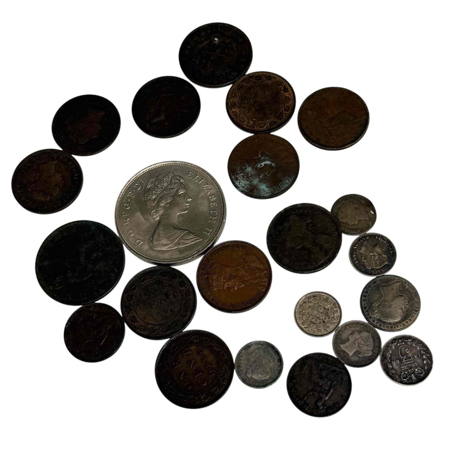 Canadian Currency 1850's to 20th Century: Includes; some silver, 1854 Bank of Upper half penny, 1890 5 cents, 1863 6 pence, 1800's pennies, 1980 The Queen Mother commemorative coin and more, see photos.