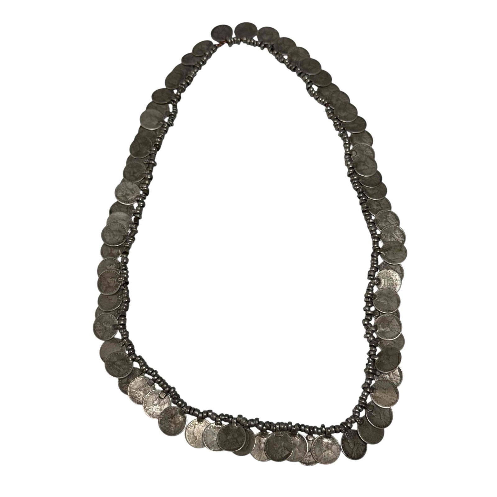 British Two Anna India Silver Coin Necklace 151 Grams: Early 20th century British Two India silver coins necklace. Coins are 91.7% silver content. Beads appear to be silver and strung together with copper wire. Total weight of 151 grams. Measuring approx.
