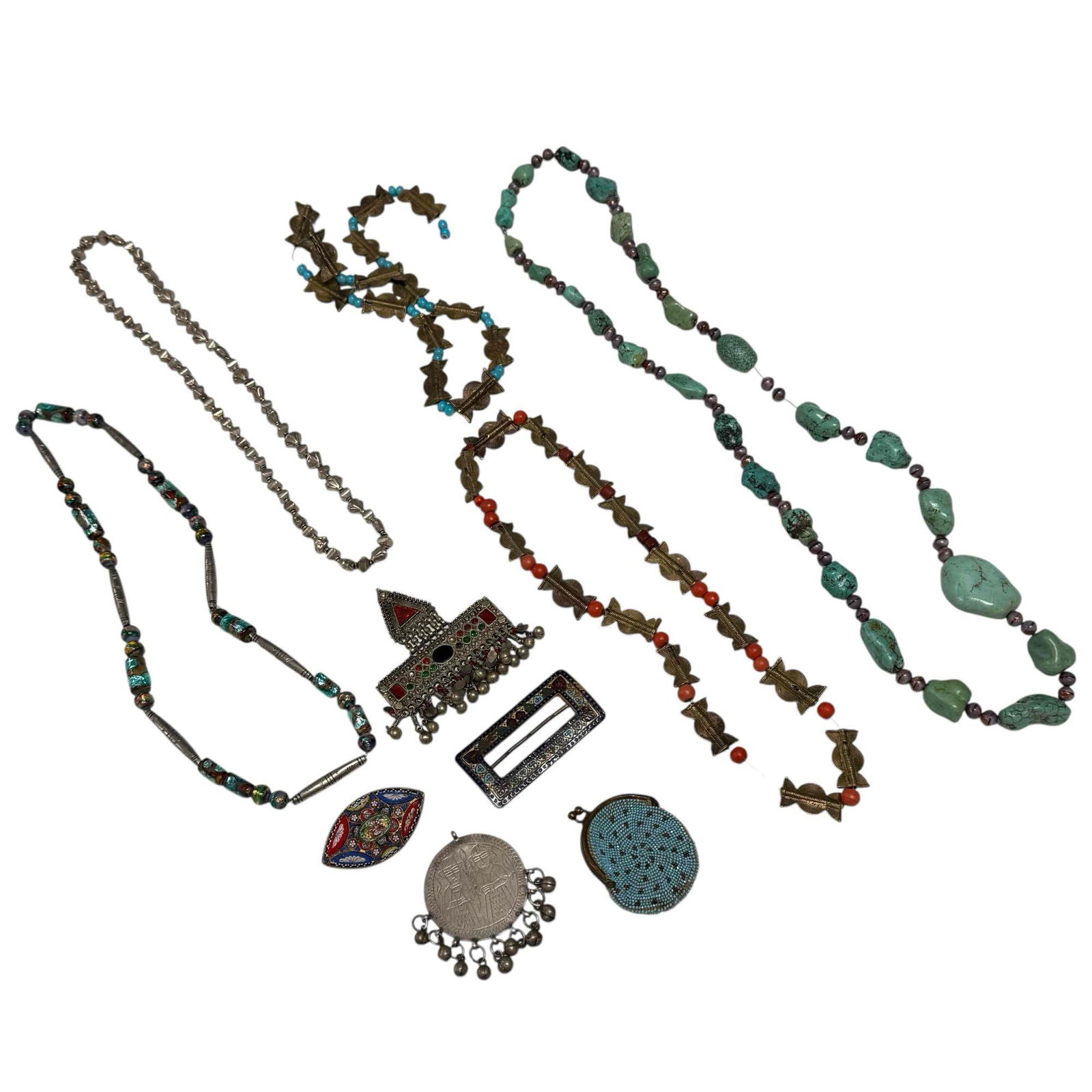 Sterling Silver & Turquoise Native American Necklaces & Accessories: Sterling Silver beaded necklace 62 grams 24" long, Turquoise chunk necklace 38" long, two geometric metal and beads necklaces 24" to 26" long, opal style multi-color 26" long, coin purse, cloisonne ha