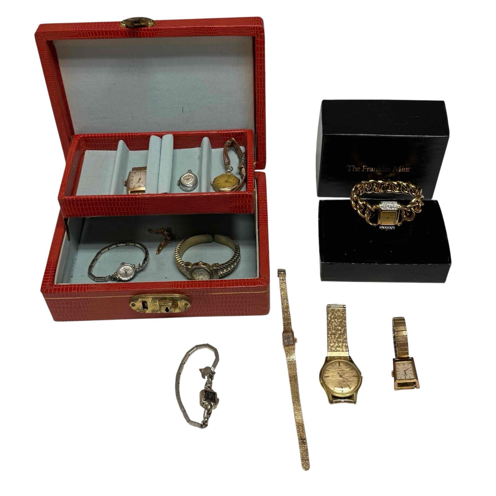 Women's and Men's Vintage Watch Lot (10): Ladies Watches Includes; Waltham, Tissot 10k rolled gold, Gramercy, Elgin 10k rolled gold, octagonal case watch, Gruen "Bark" 10k rolled gold, Franklin Mint chain link style and men's include Waltham