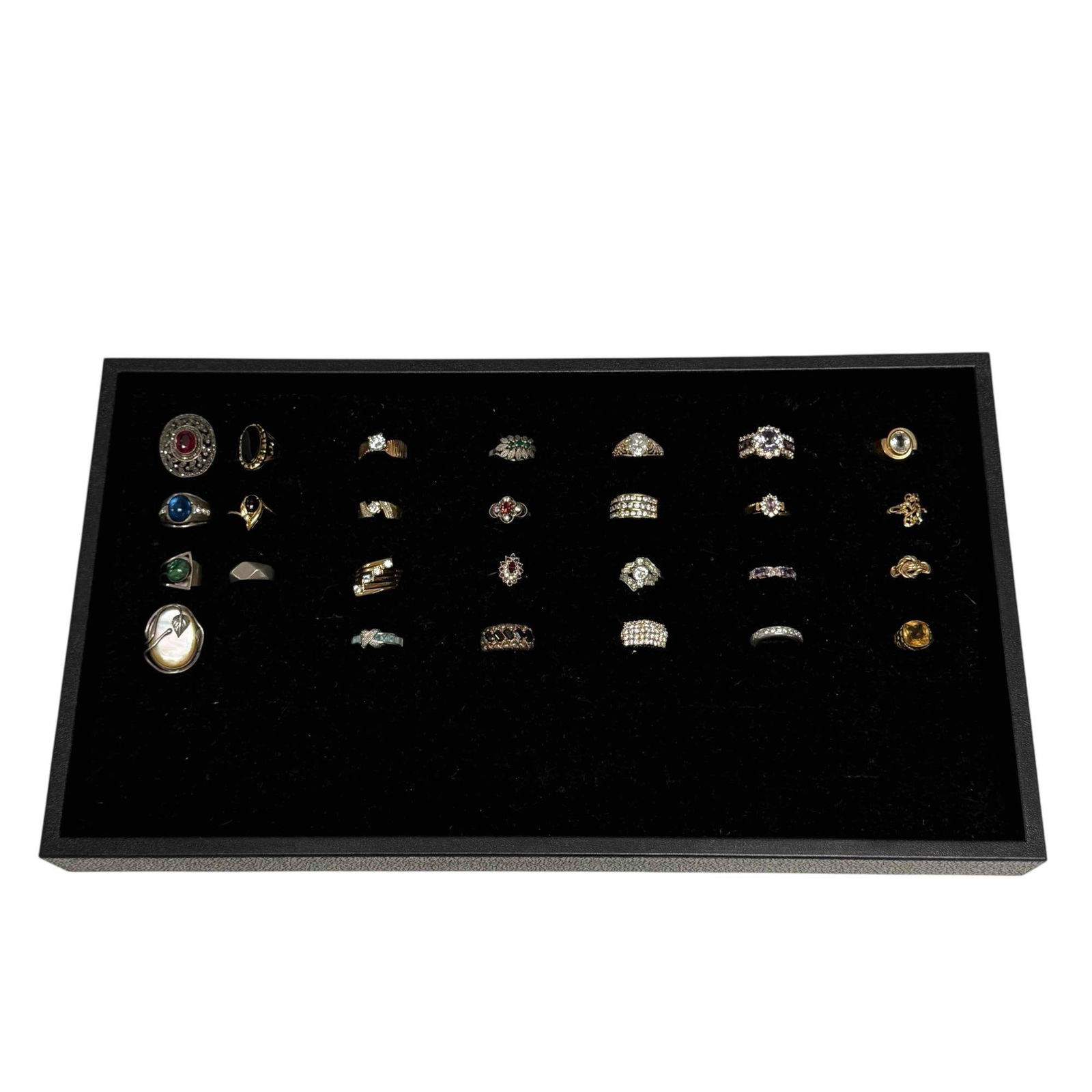 Sterling Silver Semi Precious Stones Rings and More (27): Ring collection includes; sterling silver Baltic amber or mother of pearl vine and leaf ring 11 grams size 7, tourmaline marcasite sterling cocktail ring 11 grams size 6.5, multiple gold plated, onyx