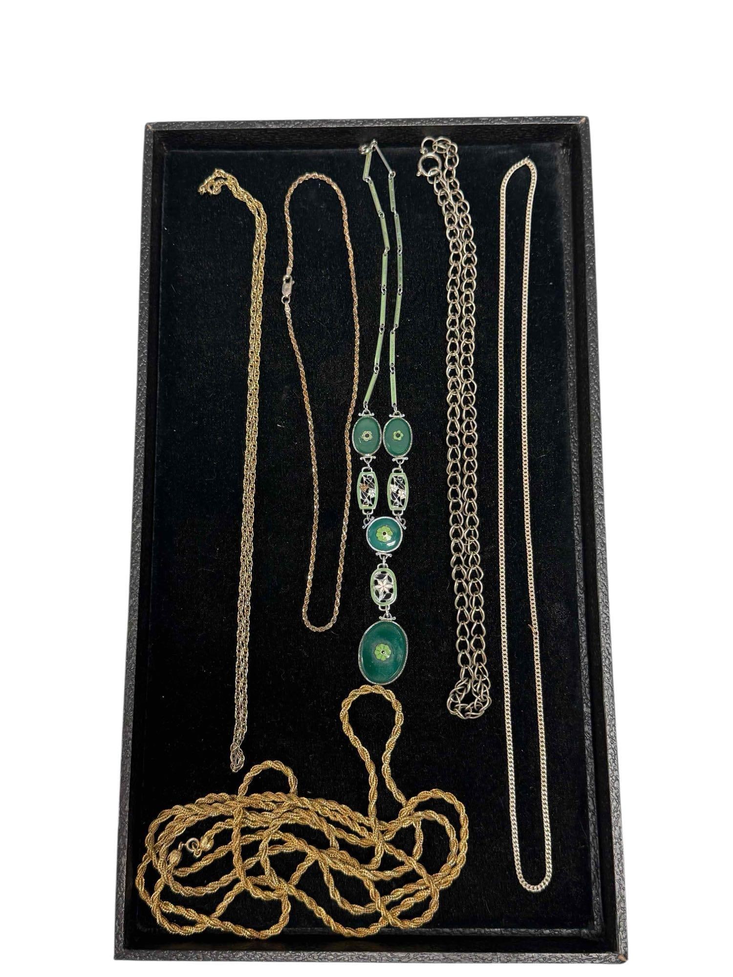 Green Enamel Sterling Silver Necklaces and Costume Necklaces (6): Asian influenced green glass enameled floral necklace 16" wearable length, gold plated sterling rope necklace 18" long 8.6 grams, silver one piece 26" long, bubble link necklace 22" long, gold tone ex