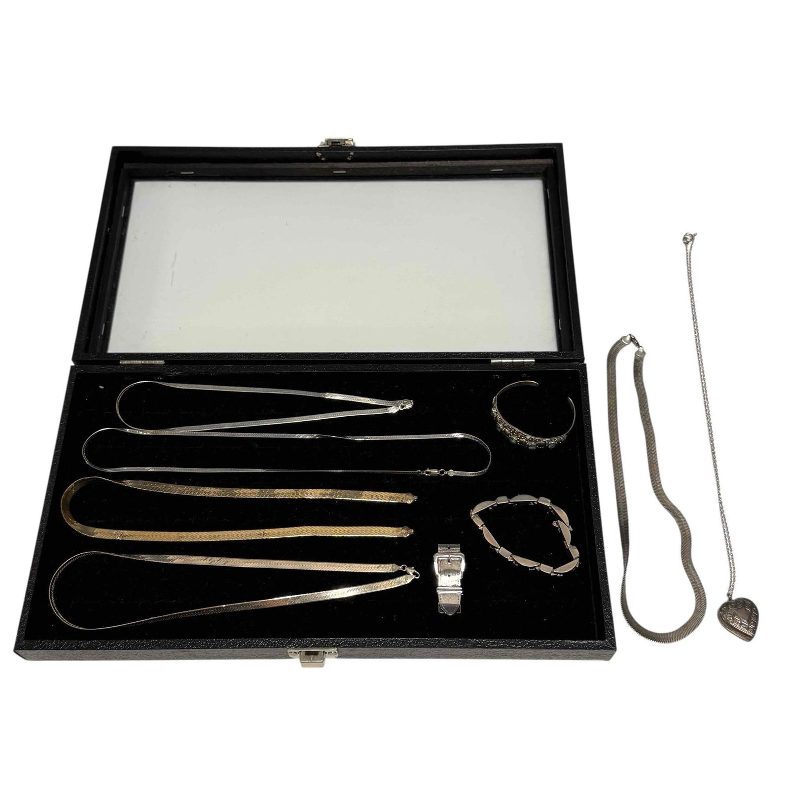 Herringbone Necklaces with Sterling Silver Jewelry (9): Attwood & Sawyer Victorian era gold washed sterling silver heart locket 24" long 8.6 grams, heavy sterling link bracelet 7.75" long 52.6 grams, blue topaz sterling cuff bracelet 2.25" wide 20 gram