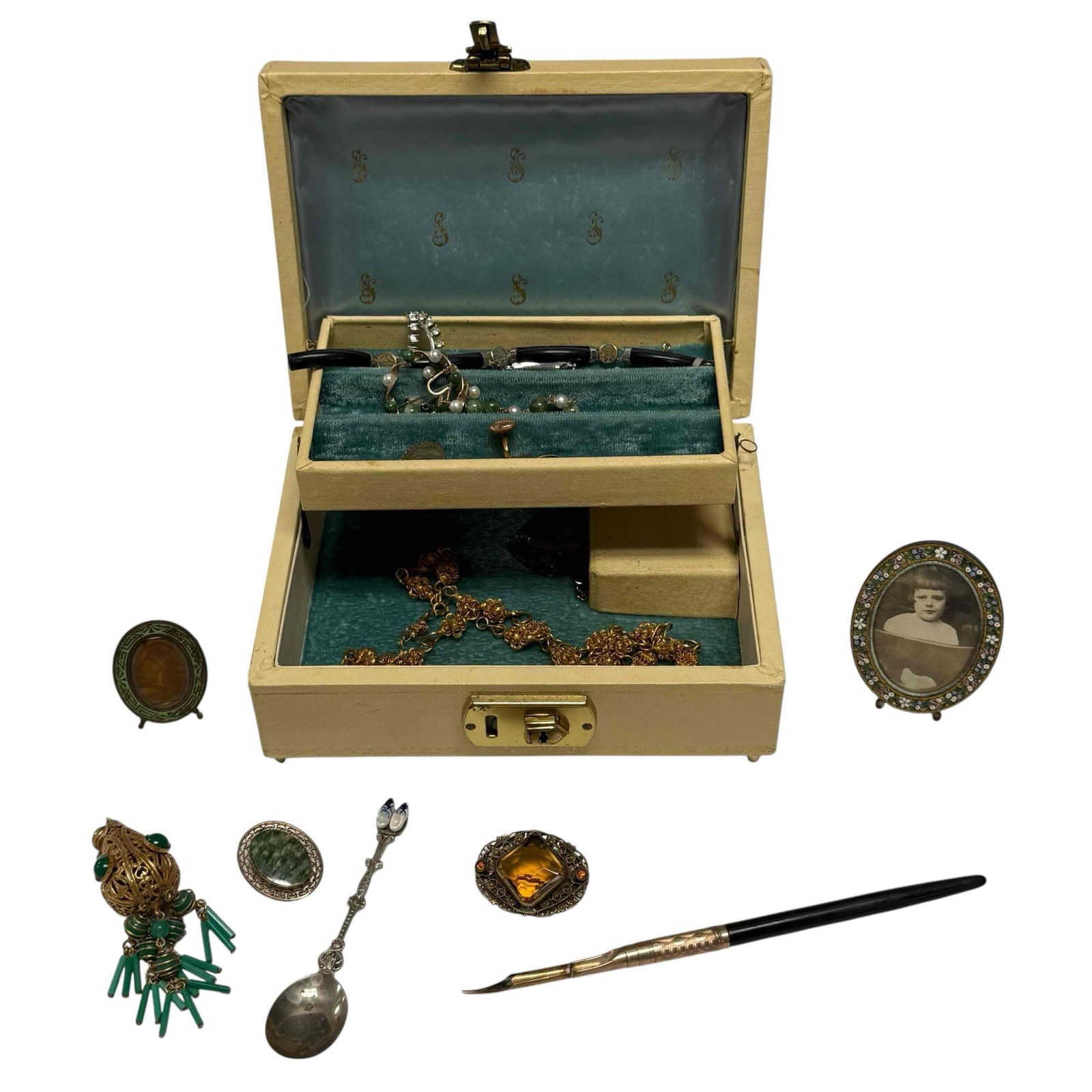 Vintage Jewelry and Accessories Group - Brooches - Bracelets: Nice assorted collection of vintage jewelry, two miniature picture frames one with mosaic flowers, Gold filled jewelry, Holland Dutch spoon and more in hinged jewelry boc / chest measuring approx 3" h