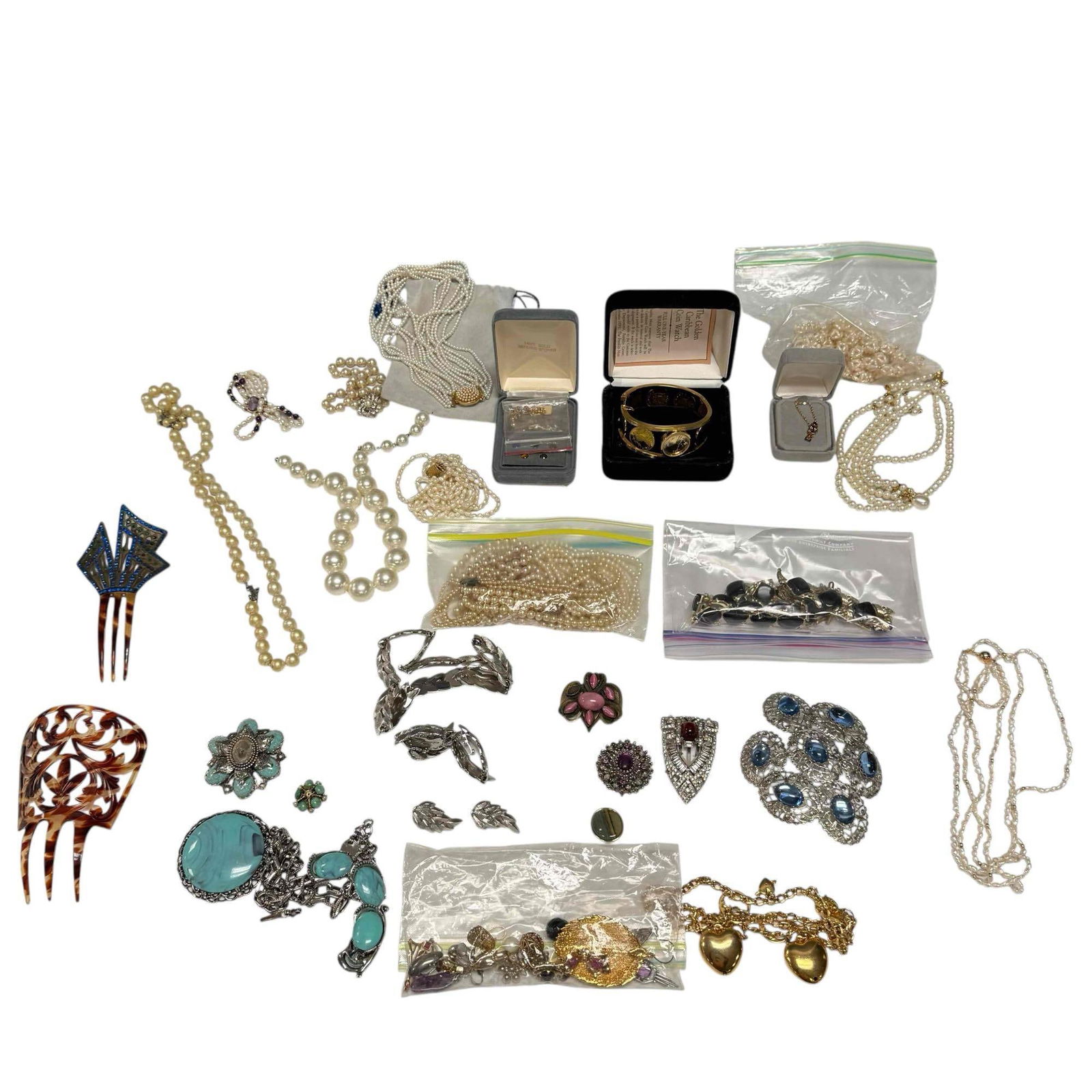 Vintage Costume Jewelry and Related - Pearls - Givenchy etc.: Pearl strands, Bakelite ladies hair combs, necklaces and misc. vintage costume jewelry as shown, light use and wear, see photos for details