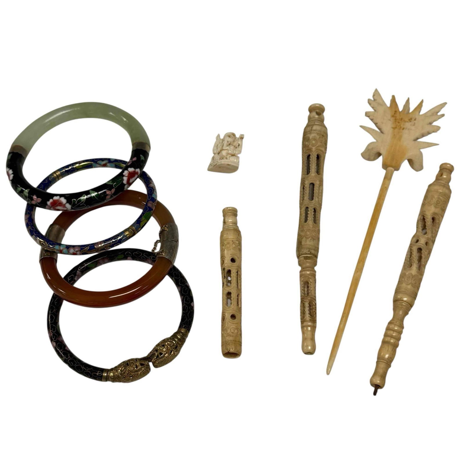 Asian Collection with Four Ladies Bangel Cuff and More: Including two cloisonne cuffs and two polished hardstone cuffs, bone carved pcs. Overall measuring 7" x 7" x 3" in the zipper case they are stored in, see photos