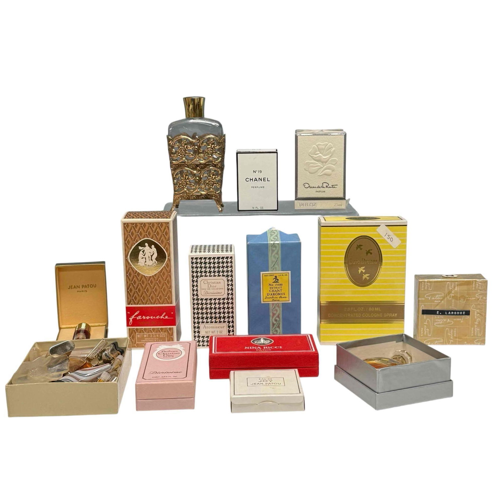 Large Group of Vintage Ladies Perfume Fragrances - NOB: Including CHANEL no 19 box and bottle with liquid 1/2oz, NINI RICCO farouche box and full 3 3/4" ozs, Love Dream yellow box with full 2.5 fl oz bottle Guerlain Paris No 15400 Extrait CHANT D'AROMES bl