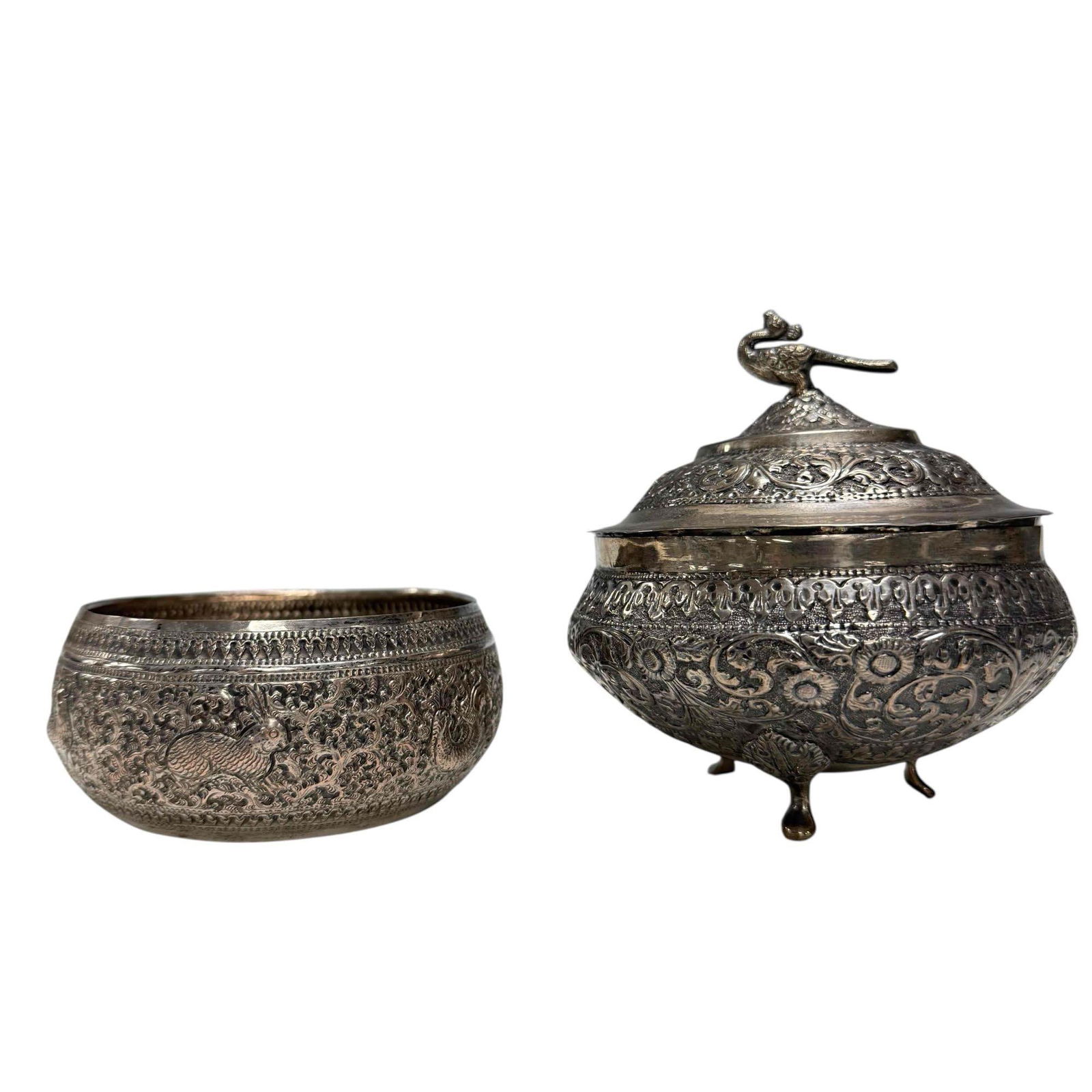 India .800 Silver Coch Lidded Dish and SP -Tea Disposal: Bird final lidded coch on Georgian feet having hall mark as shown and measuring approx 4.5" h x 4.5" diameter. Addition silver over copper repousse cache disposal approx 4" diameter x 2 h. Light use a
