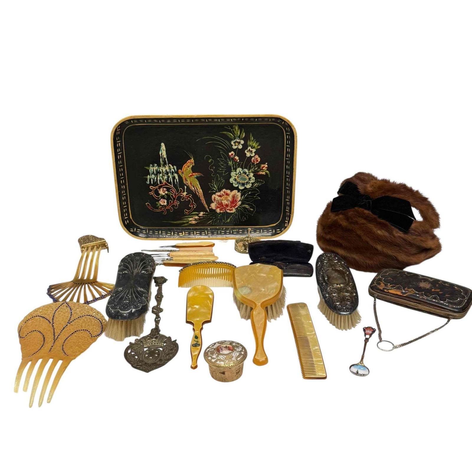 Group of Ladies Vanity Accessories, Paper Mache Tray and More: Brushes, mink head accent and others as shown on a hand painted tray. Tray measuring approx 13" x 9", some with heavy use and wear as shown, good to ok condition, see photos