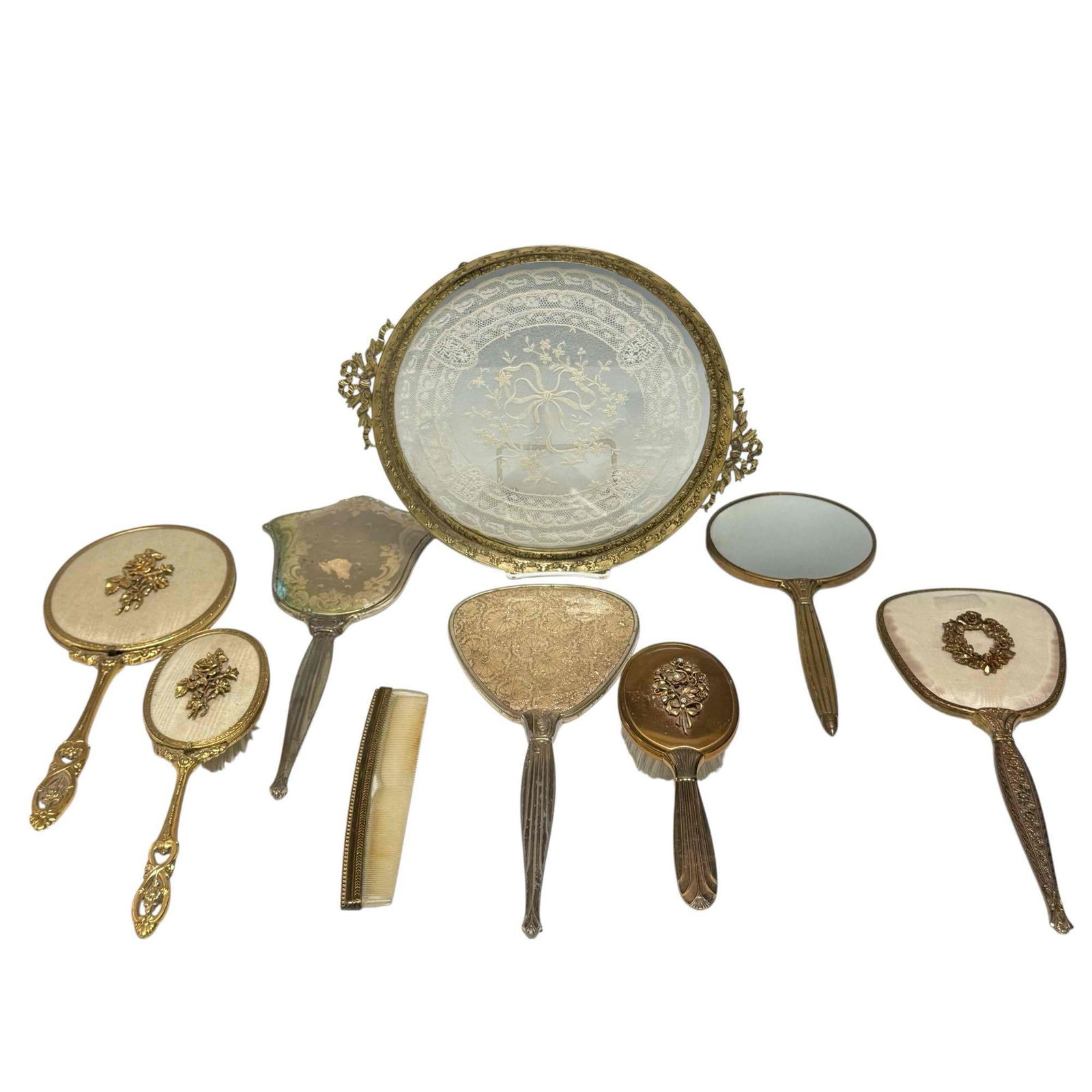 Group of Ladies Vanity Mirrors, Brushes and Lace French Footed Tray (1 of 19)