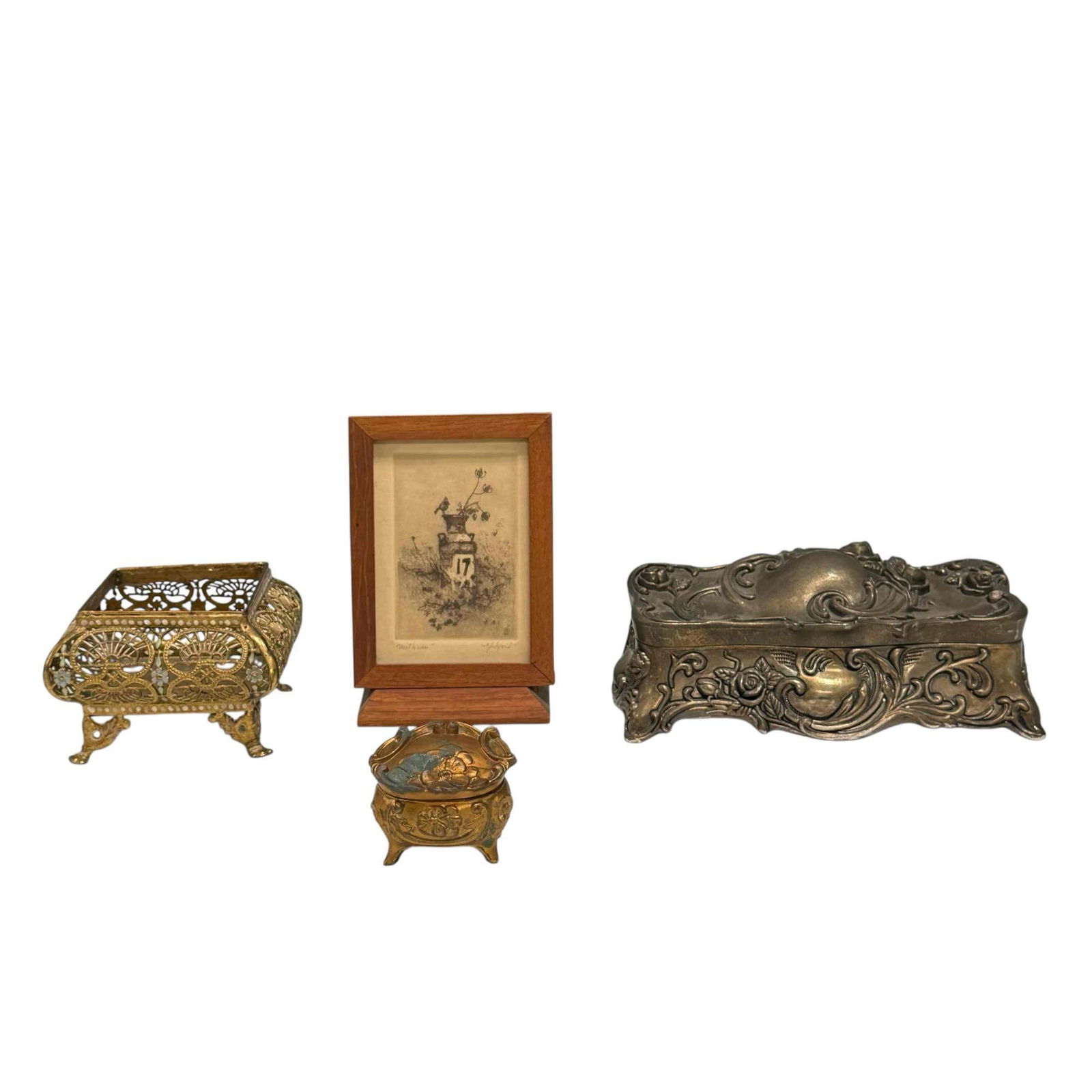 Metal Dresser Jewelry Boxes, Filigree Enamel Box and Engraving: Including an Art Nouveau hinge lidded ladies dresser box approx 3" h x 3" d x 8" w, small ring box, artist signed and titled engraving and to dicipher the name as shown and a footed filigree box with