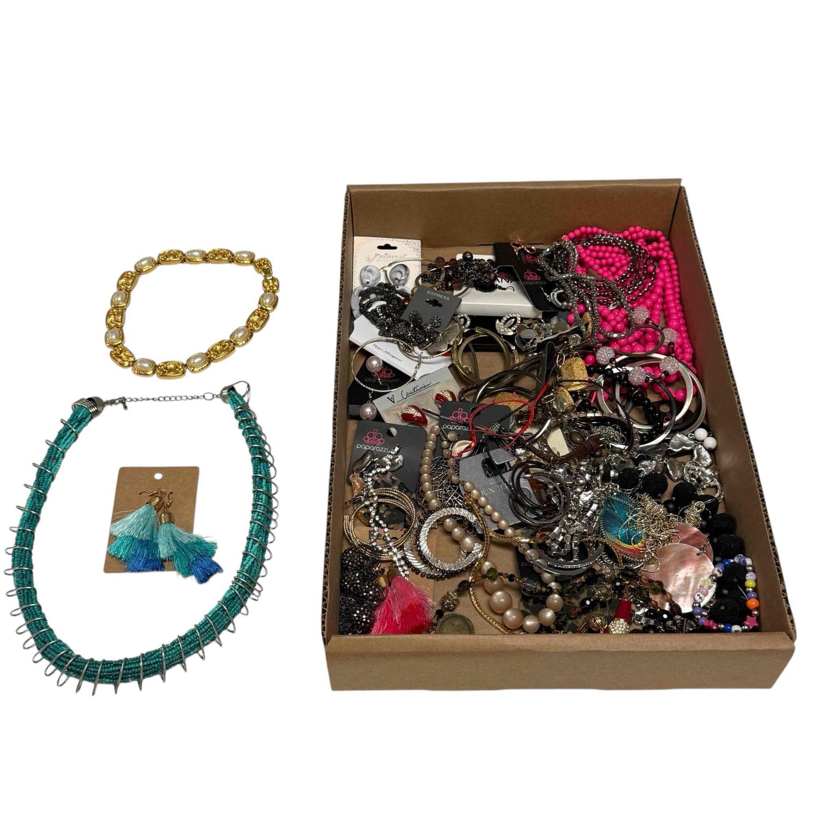 Assorted Collection on Recent Vintage Costume Jewelry: Including beads, earring sets, necklaces, wrist bangles and more! More recent quality collection as shown, see photos