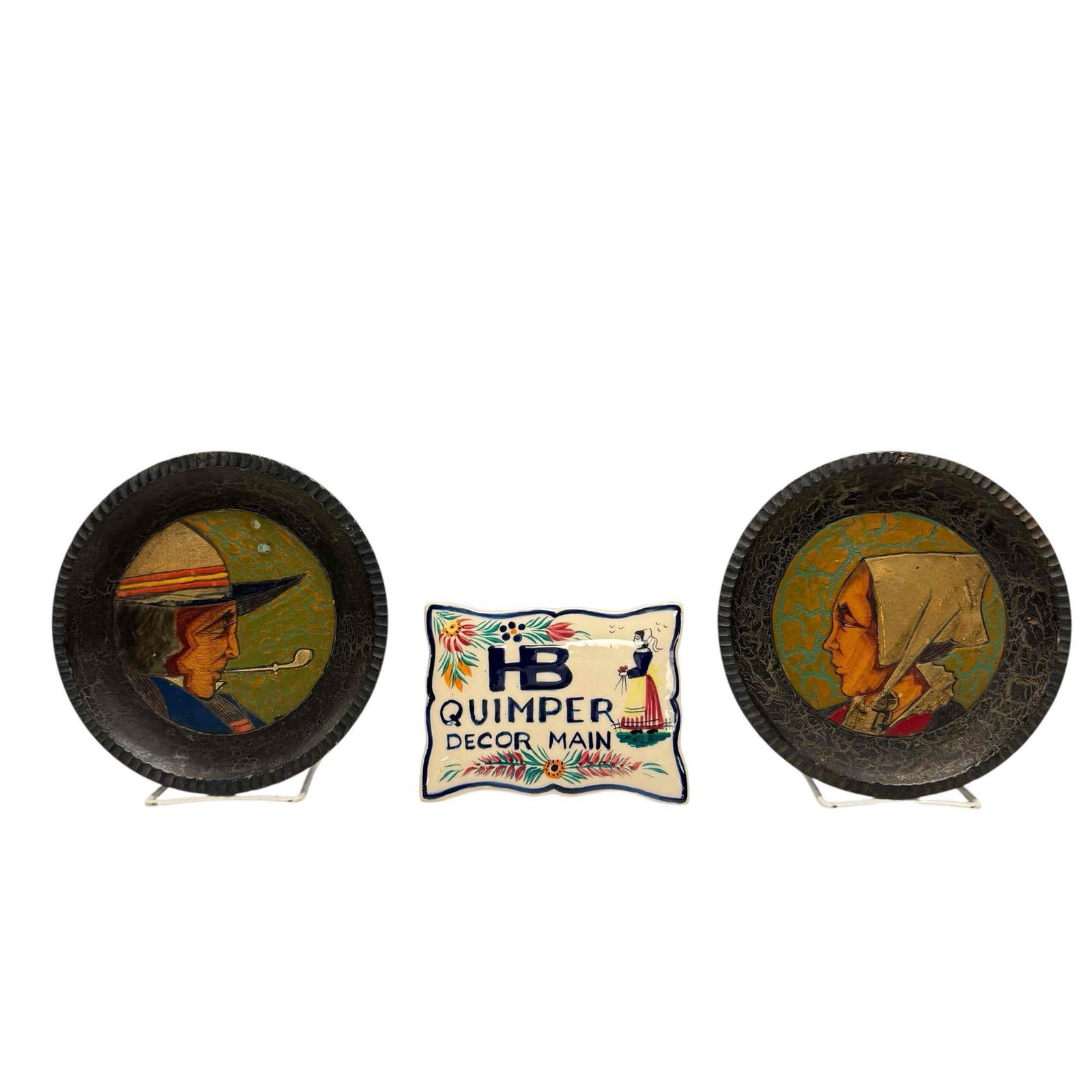 French Paul Fouillen (1899 - 1958) Quimper Wood Plate and Plaque: Including two wood French hand painted portrait wood plates approx 7" diameter and porcelain self standing HB Quimper Decor plaque / sign approx 4" h x 5.5" w x 3" d. Good condition as shown, see phot