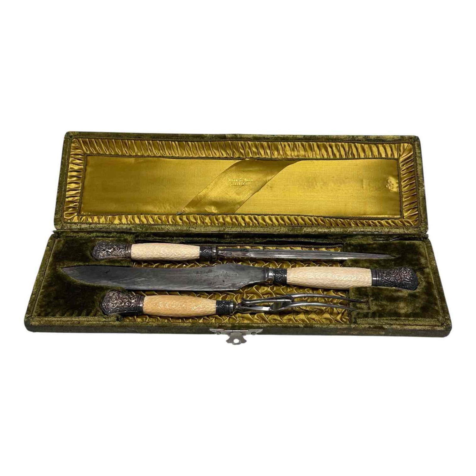 19th Century Harrison Bros and Howson Carving Set with Case: Impressive 1880's Harrison Bros. Howson "Cutlery to Her Majesty" carving set. In original fitted moss green felt lined case retailed by Webb C. Ball Cleveland Ohio high-end jewelry and watch makers. M