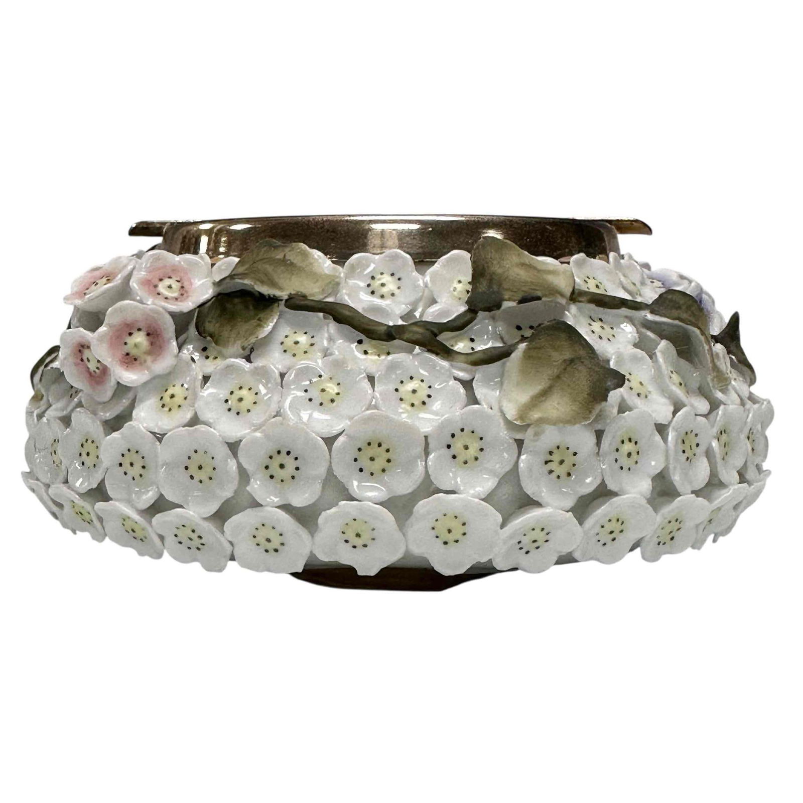 Schneeballen Hand-painted Porcelain Floral Ashtray: Hand-painted "Schneeballen" (snowball) applied vine and floral motif ashtray with metal rim. Measuring approx. 2.25" tall by 5.75" diameter. In good age appropriate condition with some chips to vine l