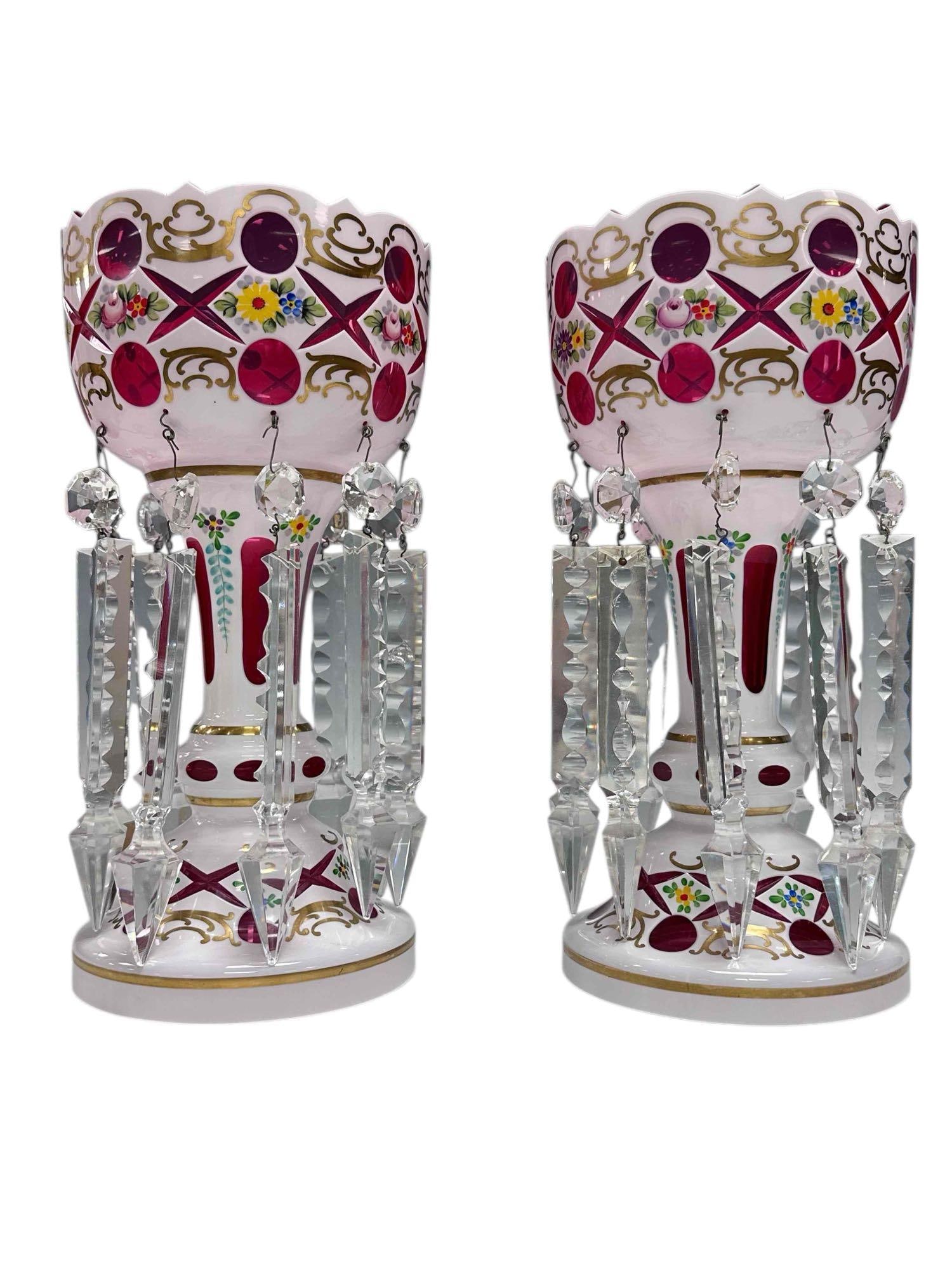 Pair of Bohemian White Overlay Cranberry Mantle Lusters (1 of 20)