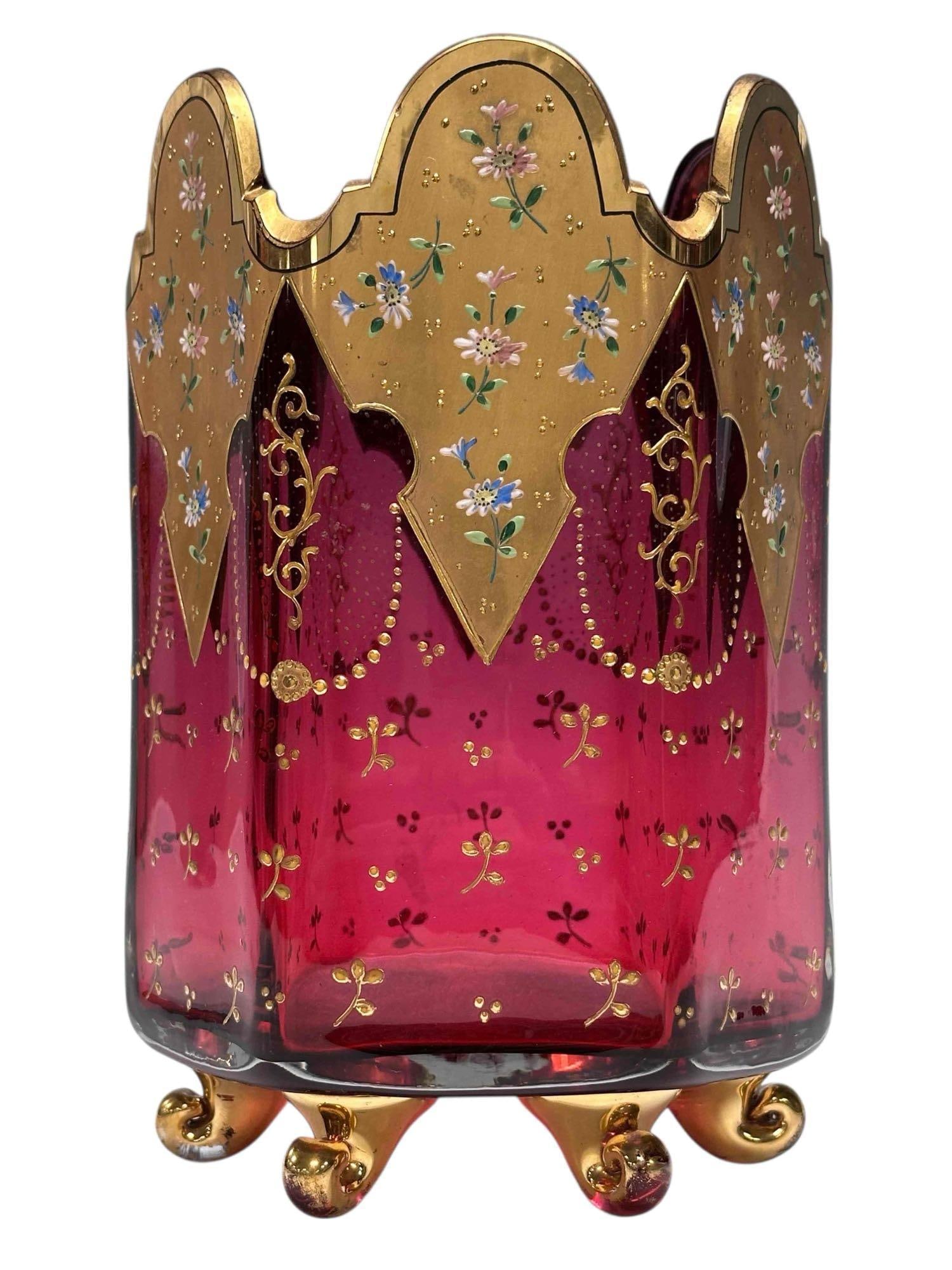 Moser Cranberry Bohemian Art Glass Enameled Gold Vase (1 of 17)